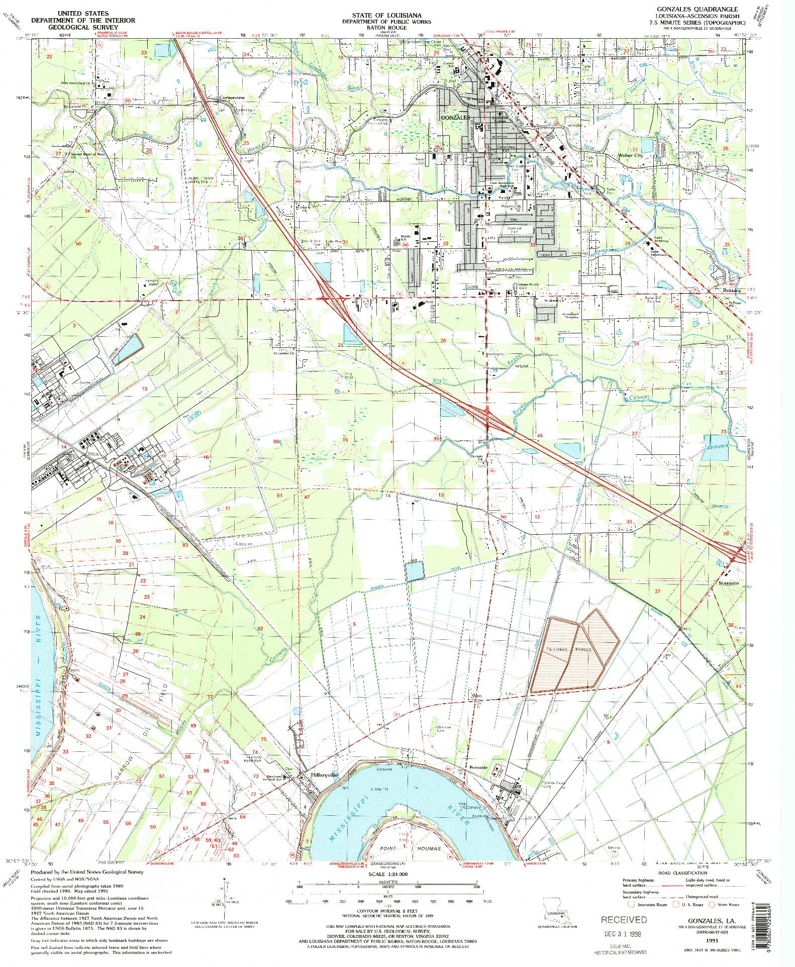 USGS 1:24000-SCALE QUADRANGLE FOR GONZALES, LA 1991