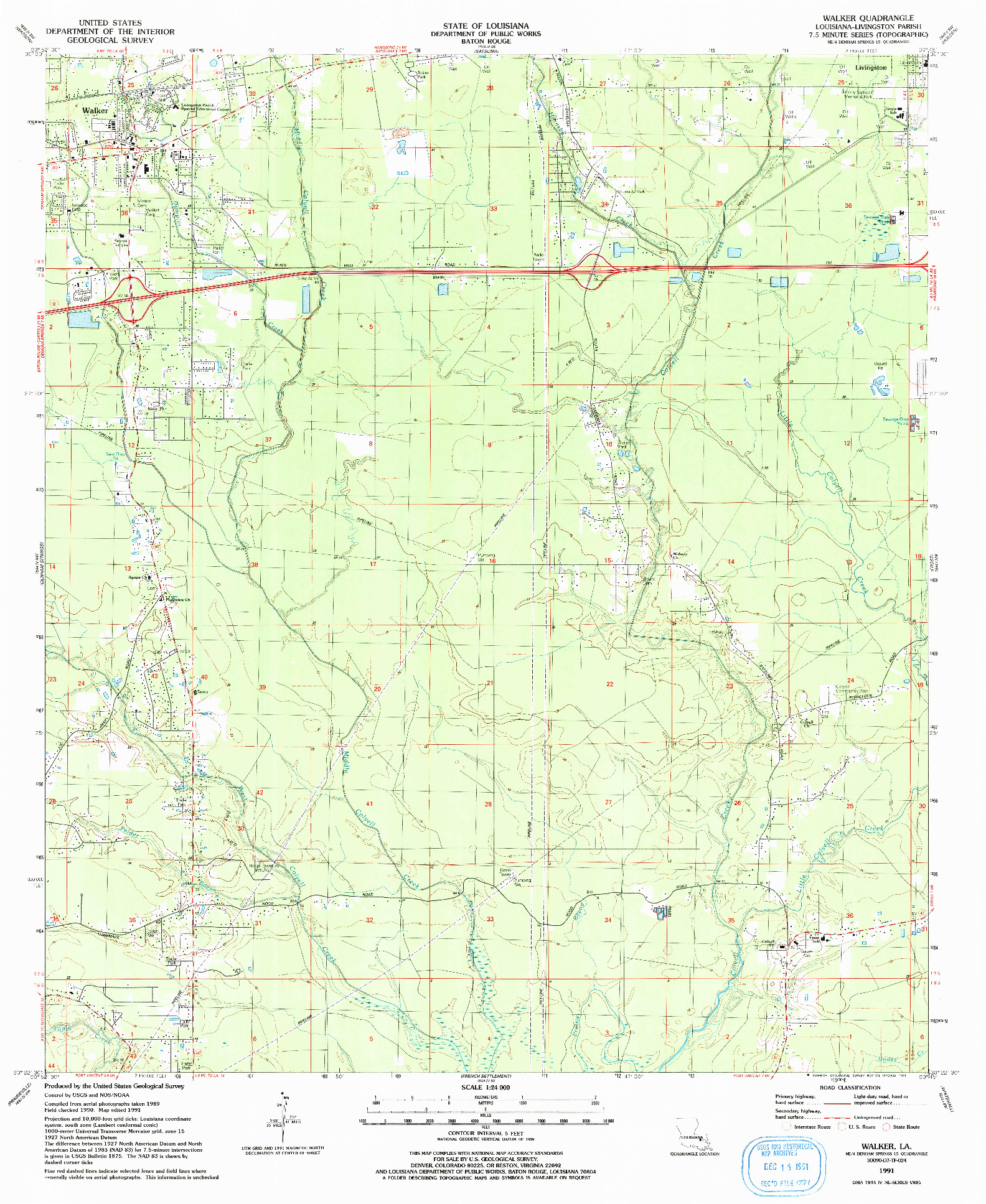 USGS 1:24000-SCALE QUADRANGLE FOR WALKER, LA 1991