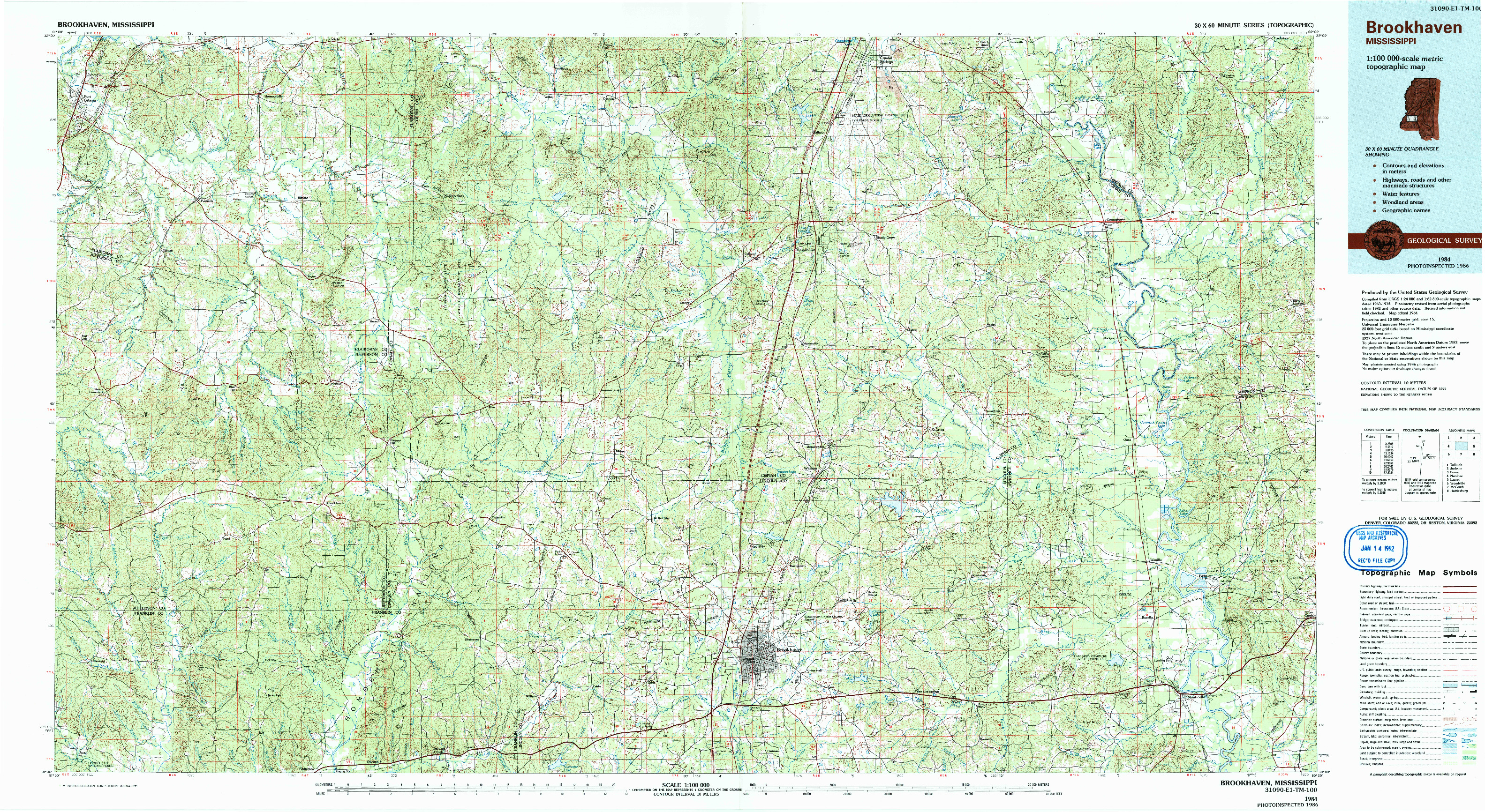 USGS 1:100000-SCALE QUADRANGLE FOR BROOKHAVEN, MS 1984