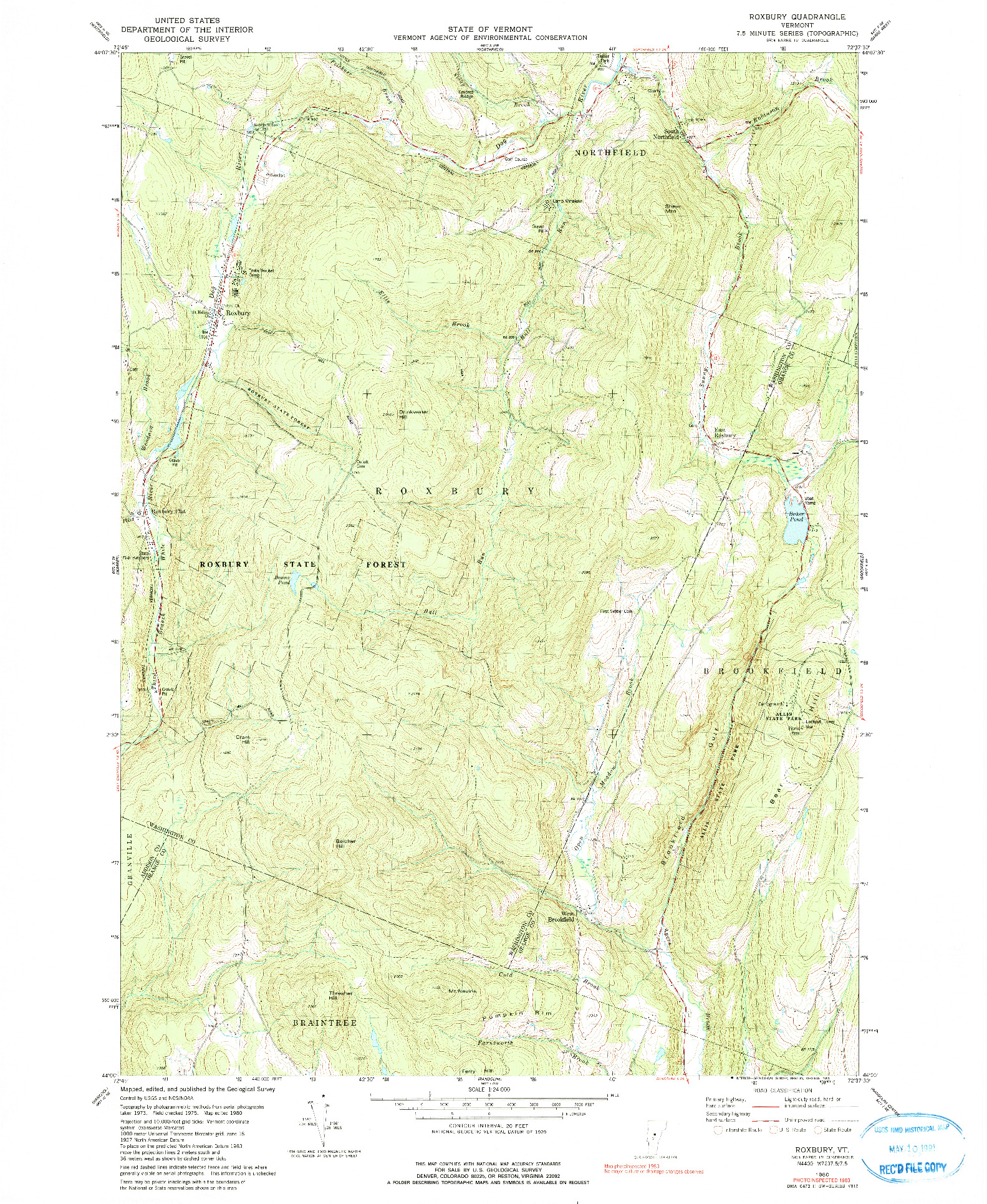 USGS 1:24000-SCALE QUADRANGLE FOR ROXBURY, VT 1980