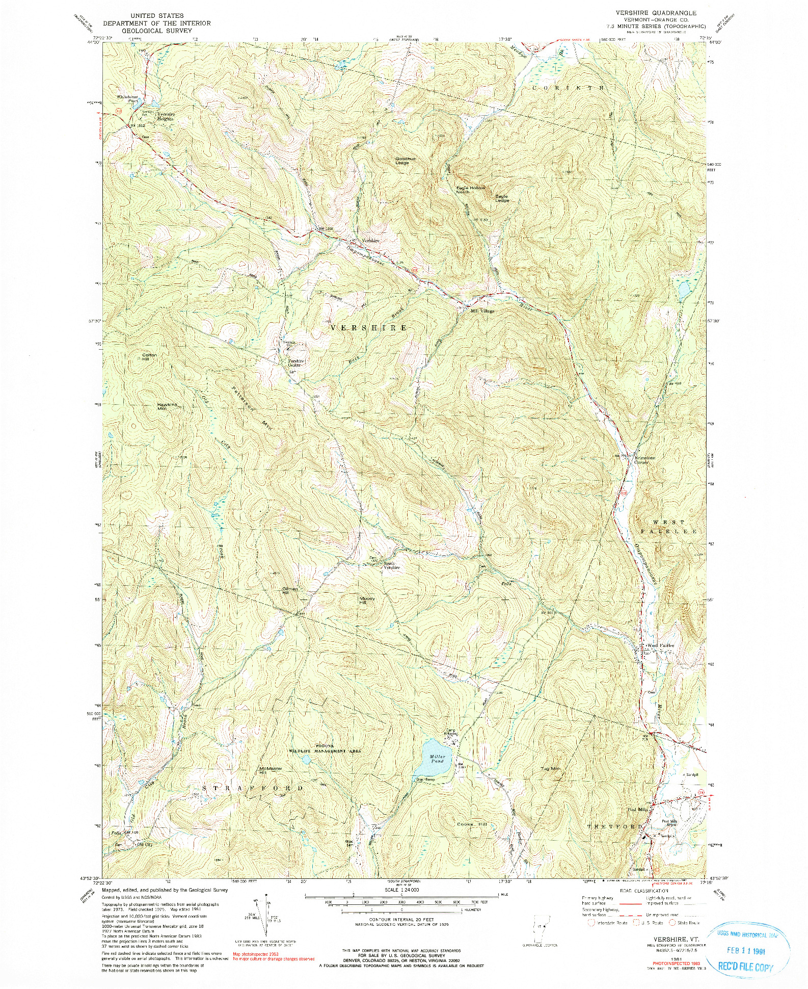 USGS 1:24000-SCALE QUADRANGLE FOR VERSHIRE, VT 1981