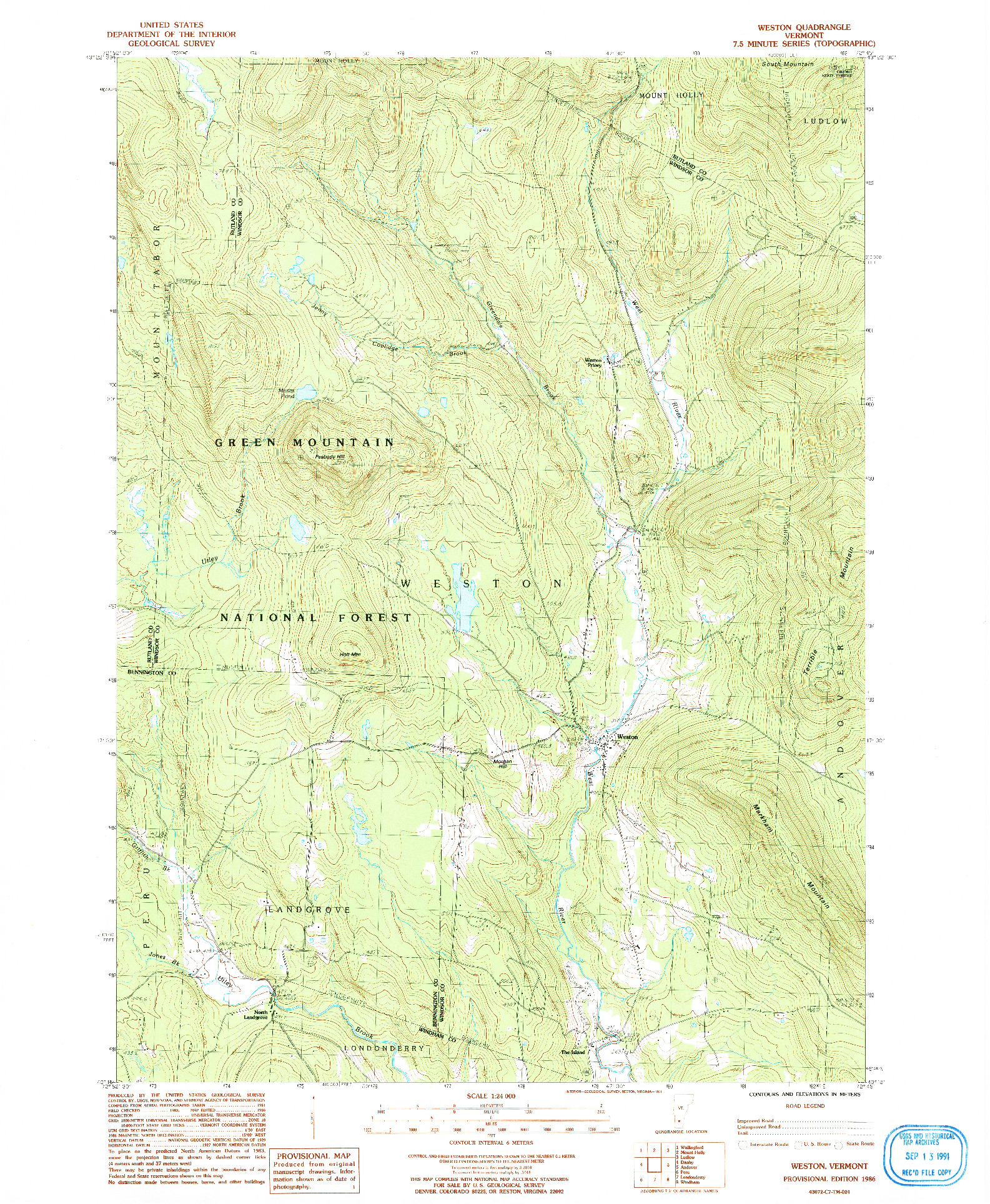 USGS 1:24000-SCALE QUADRANGLE FOR WESTON, VT 1986