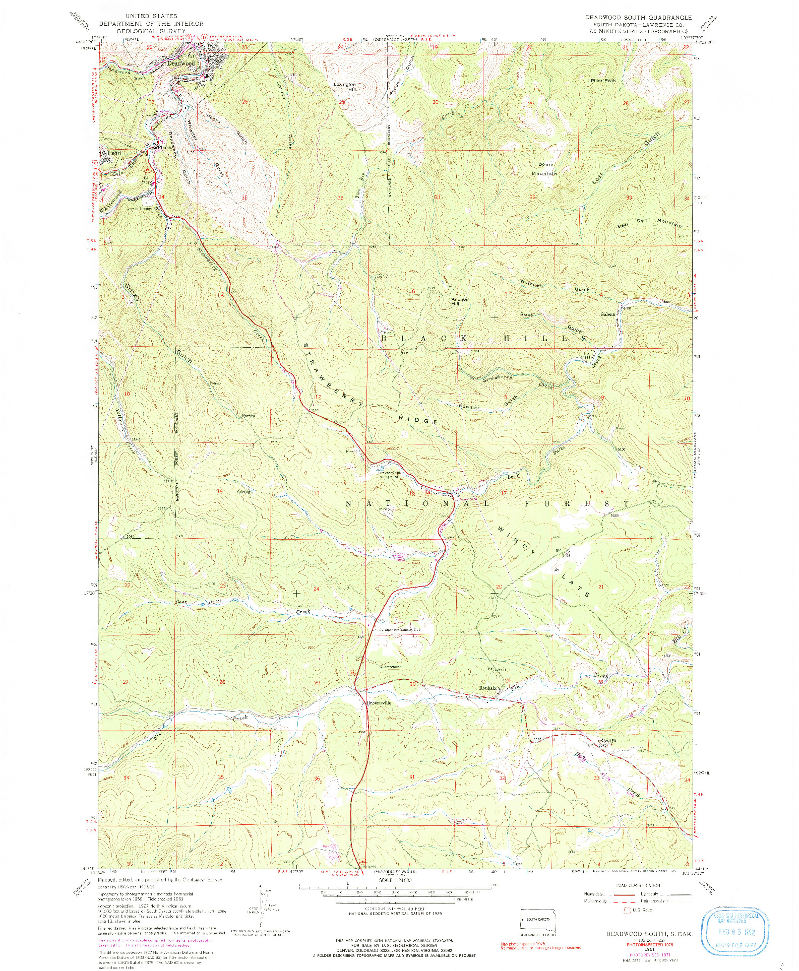 USGS 1:24000-SCALE QUADRANGLE FOR DEADWOOD SOUTH, SD 1961