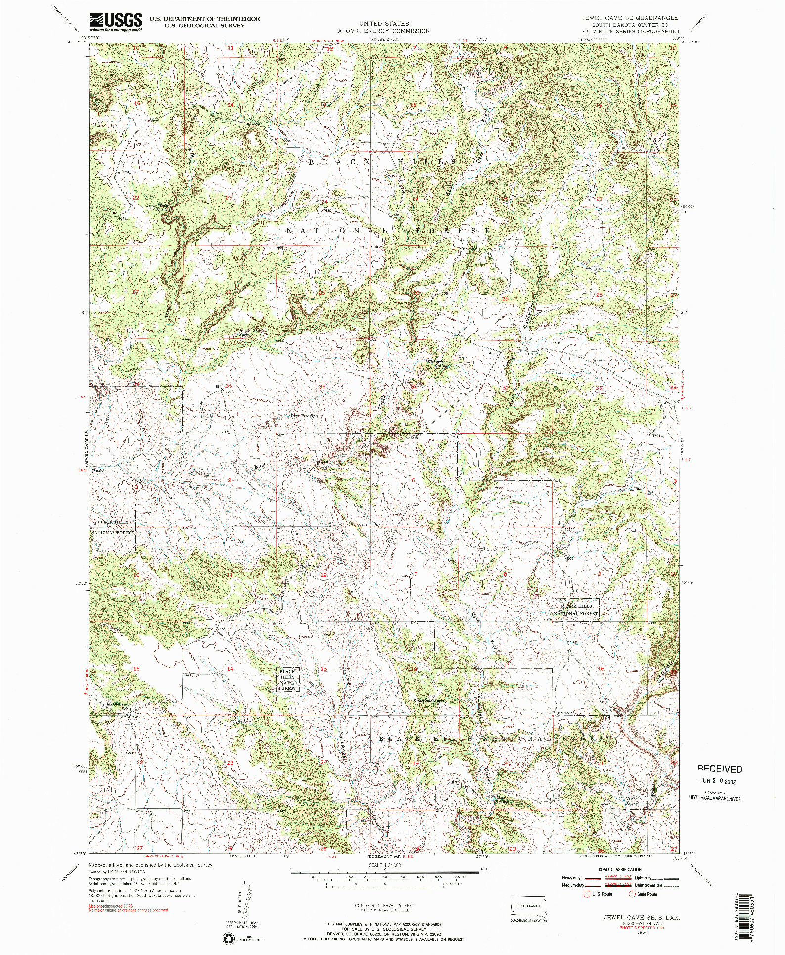 USGS 1:24000-SCALE QUADRANGLE FOR JEWEL CAVE SE, SD 1954