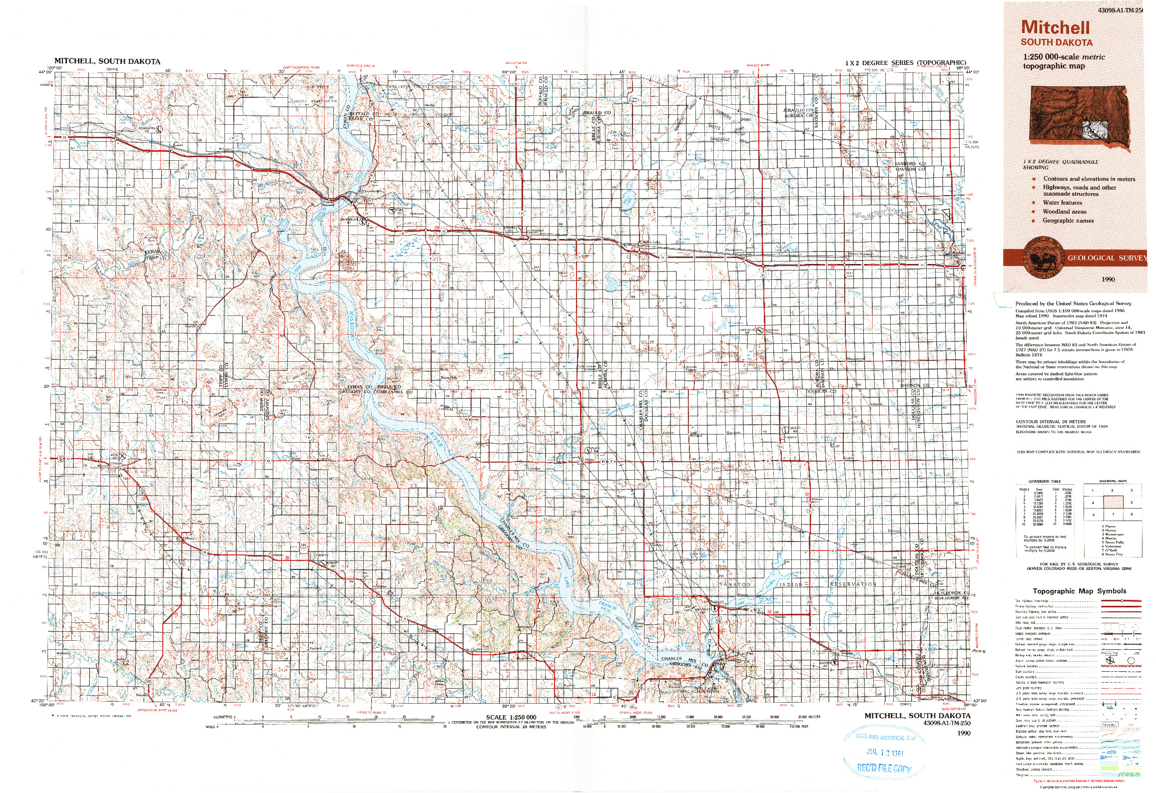 USGS 1:250000-SCALE QUADRANGLE FOR MITCHELL, SD 1990