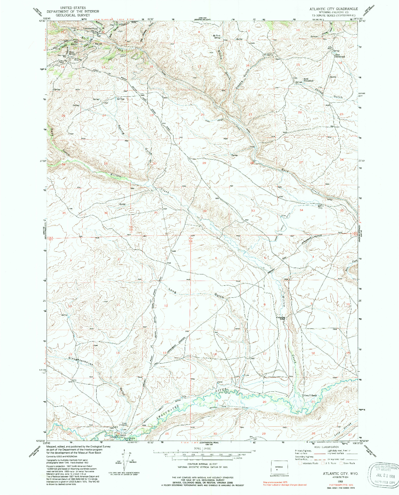 USGS 1:24000-SCALE QUADRANGLE FOR ATLANTIC CITY, WY 1953