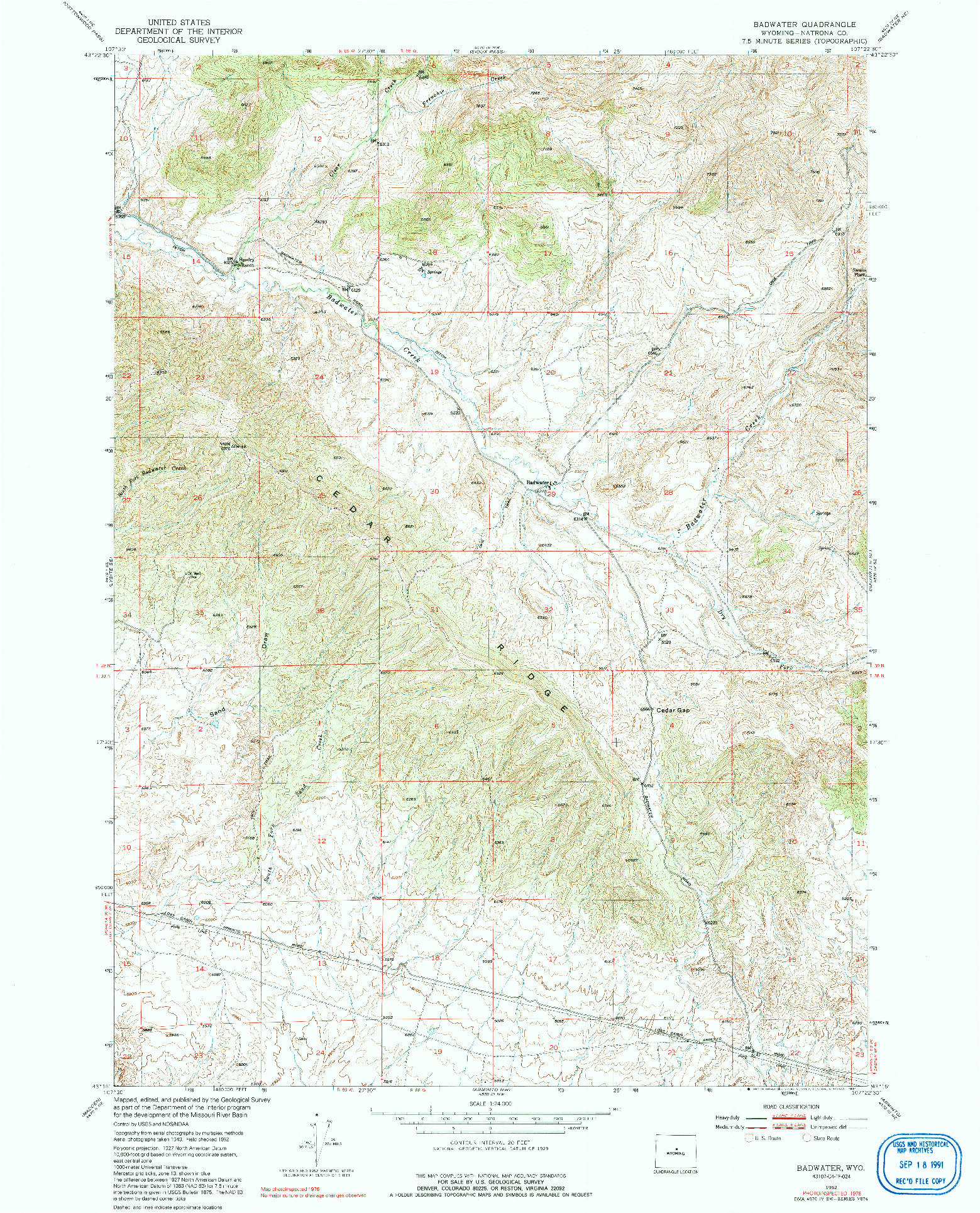 USGS 1:24000-SCALE QUADRANGLE FOR BADWATER, WY 1952