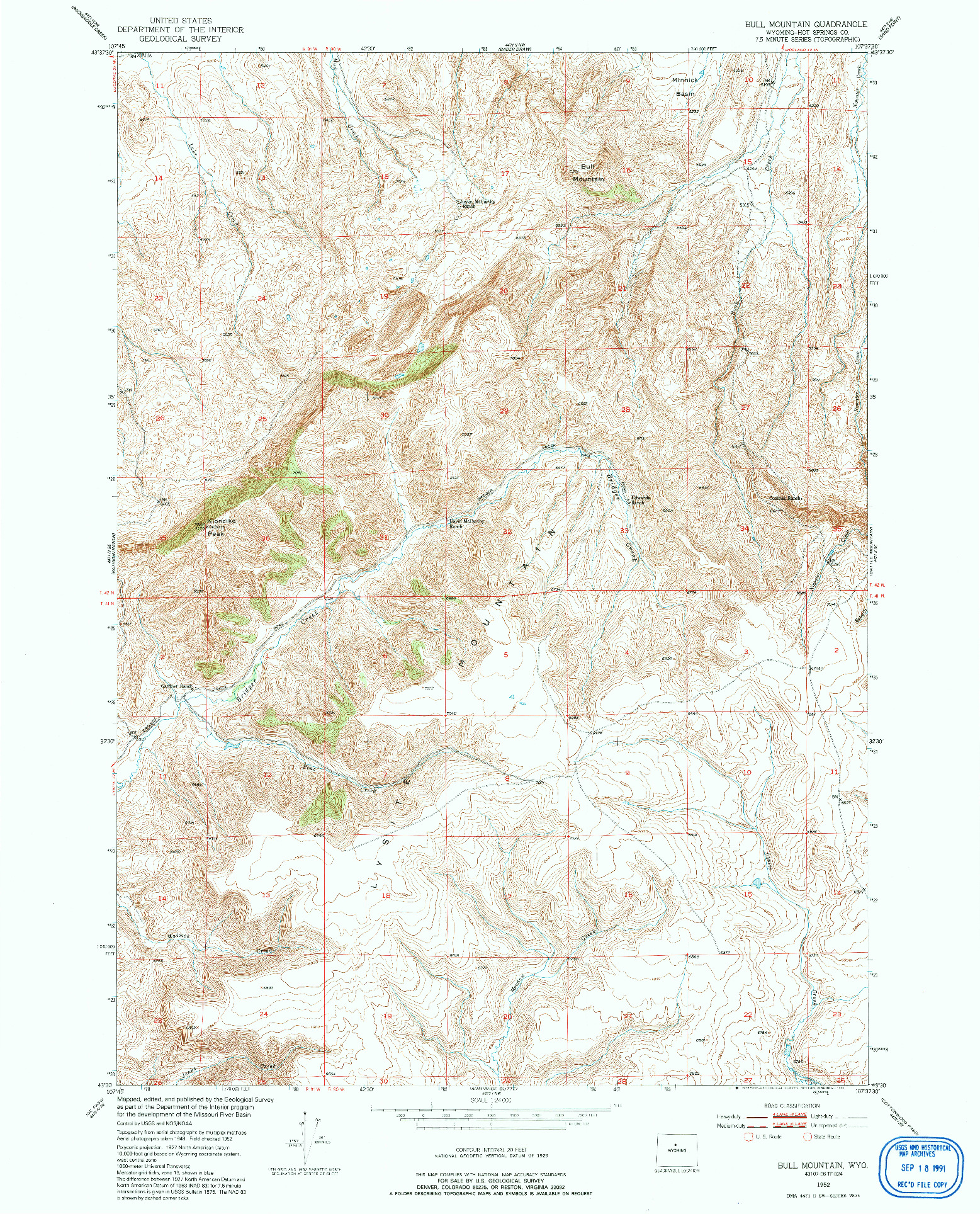 USGS 1:24000-SCALE QUADRANGLE FOR BULL MOUNTAIN, WY 1952