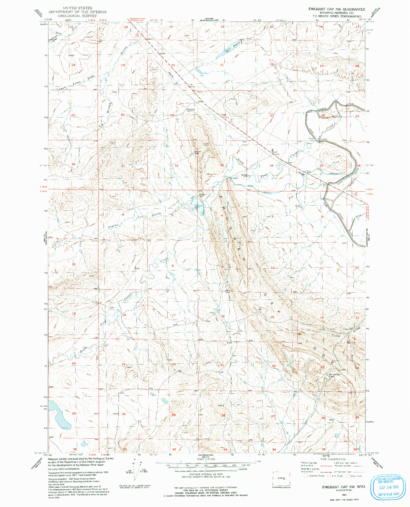 USGS 1:24000-SCALE QUADRANGLE FOR EMIGRANT GAP NW, WY 1951