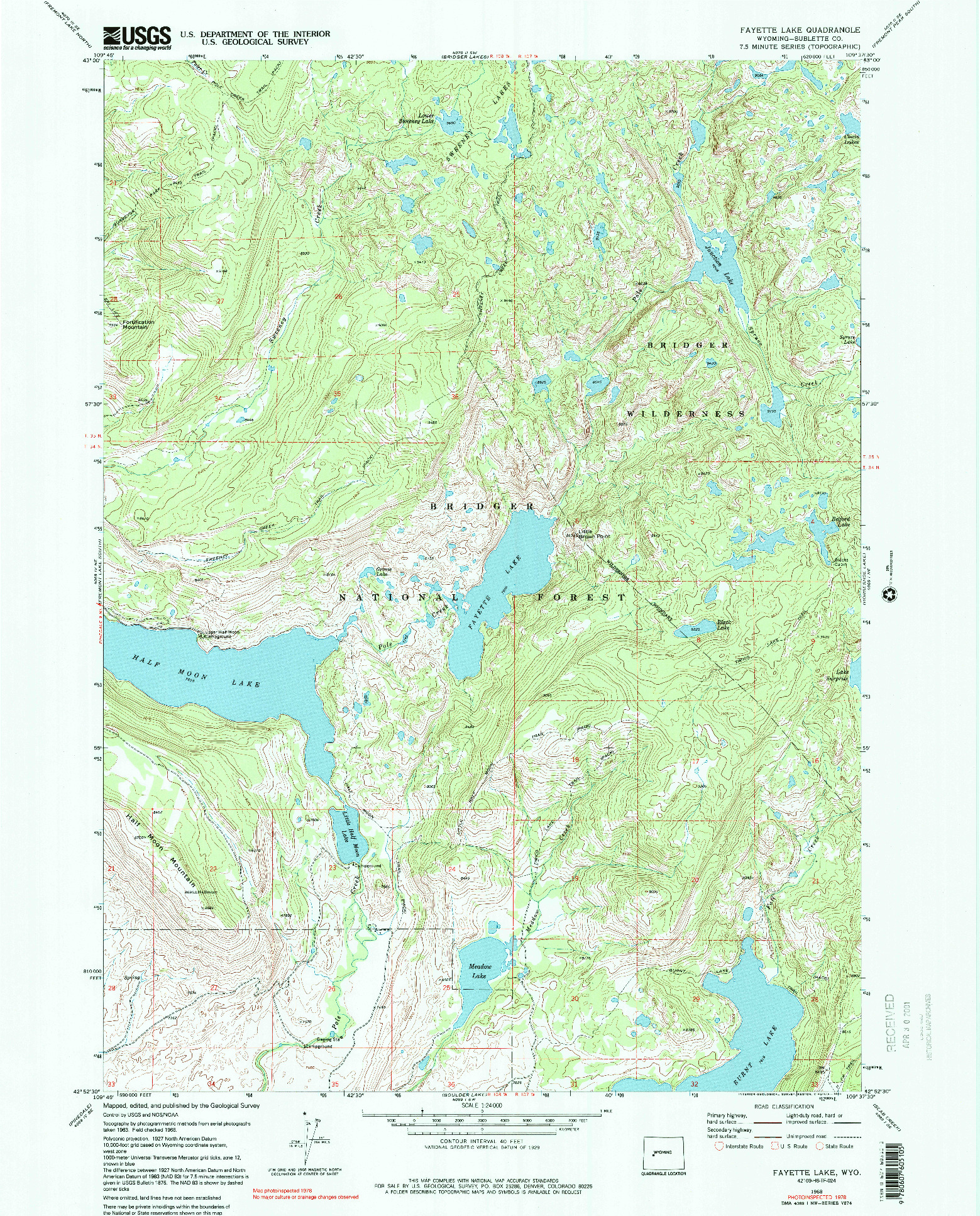 USGS 1:24000-SCALE QUADRANGLE FOR FAYETTE LAKE, WY 1968