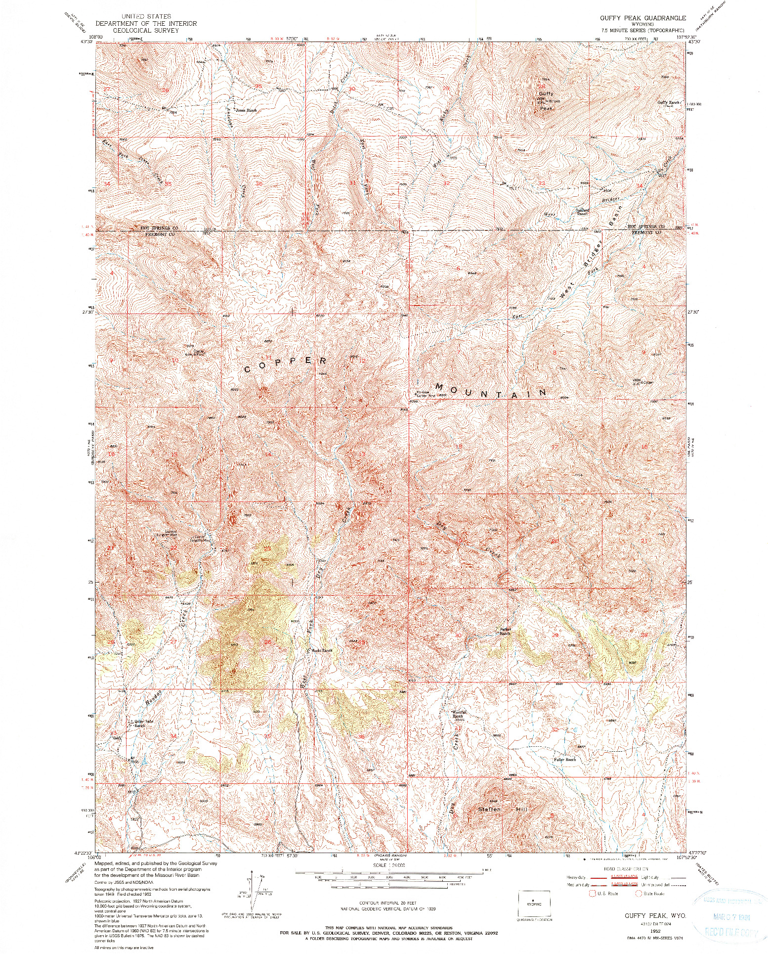 USGS 1:24000-SCALE QUADRANGLE FOR GUFFY PEAK, WY 1952