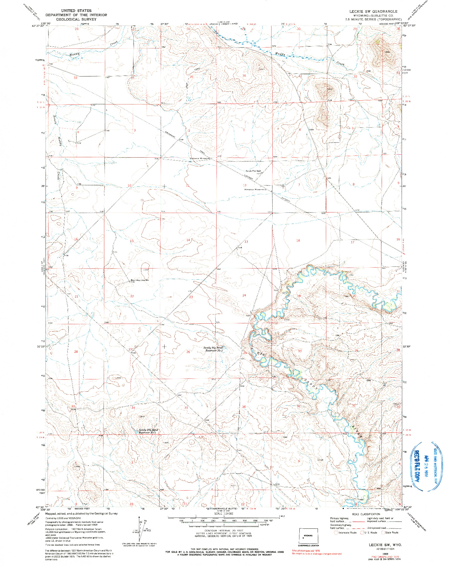 USGS 1:24000-SCALE QUADRANGLE FOR LECKIE SW, WY 1969