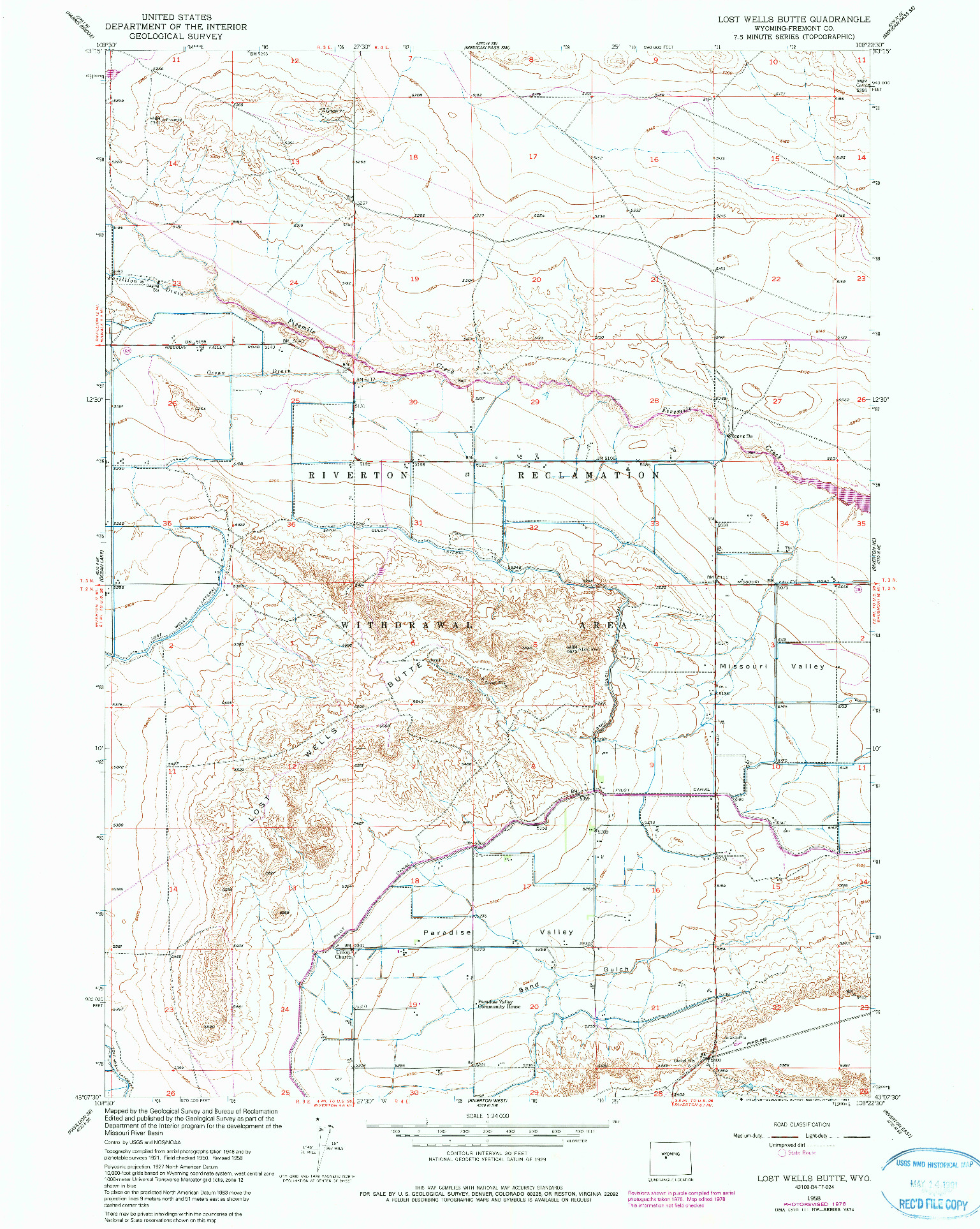 USGS 1:24000-SCALE QUADRANGLE FOR LOST WELLS BUTTE, WY 1958