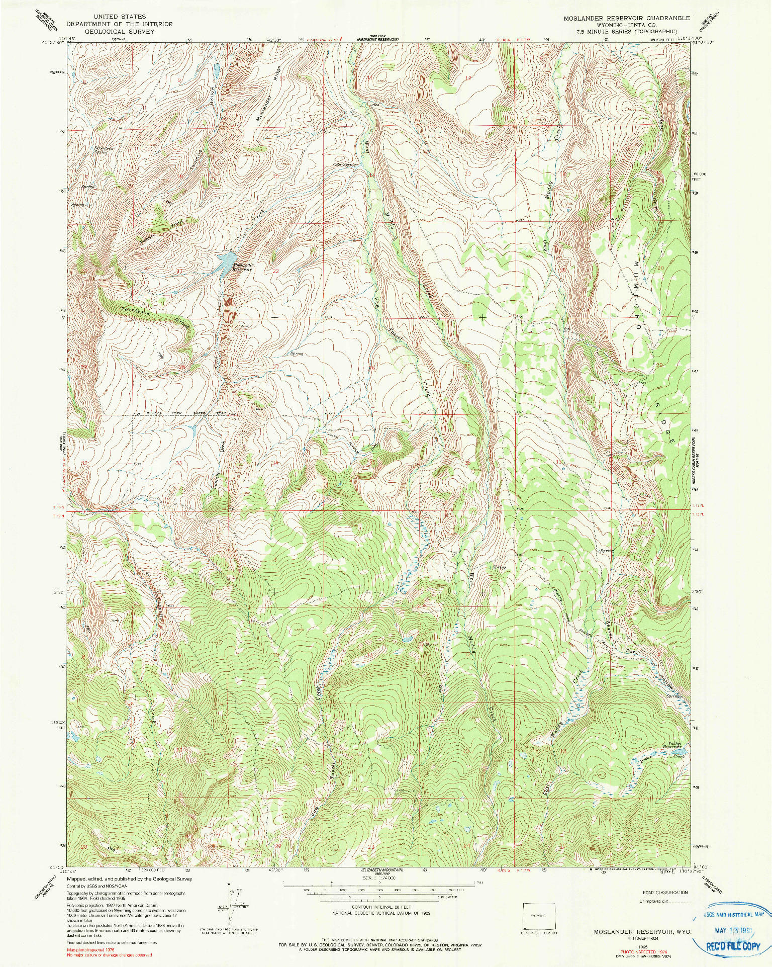 USGS 1:24000-SCALE QUADRANGLE FOR MOSLANDER RESERVOIR, WY 1965