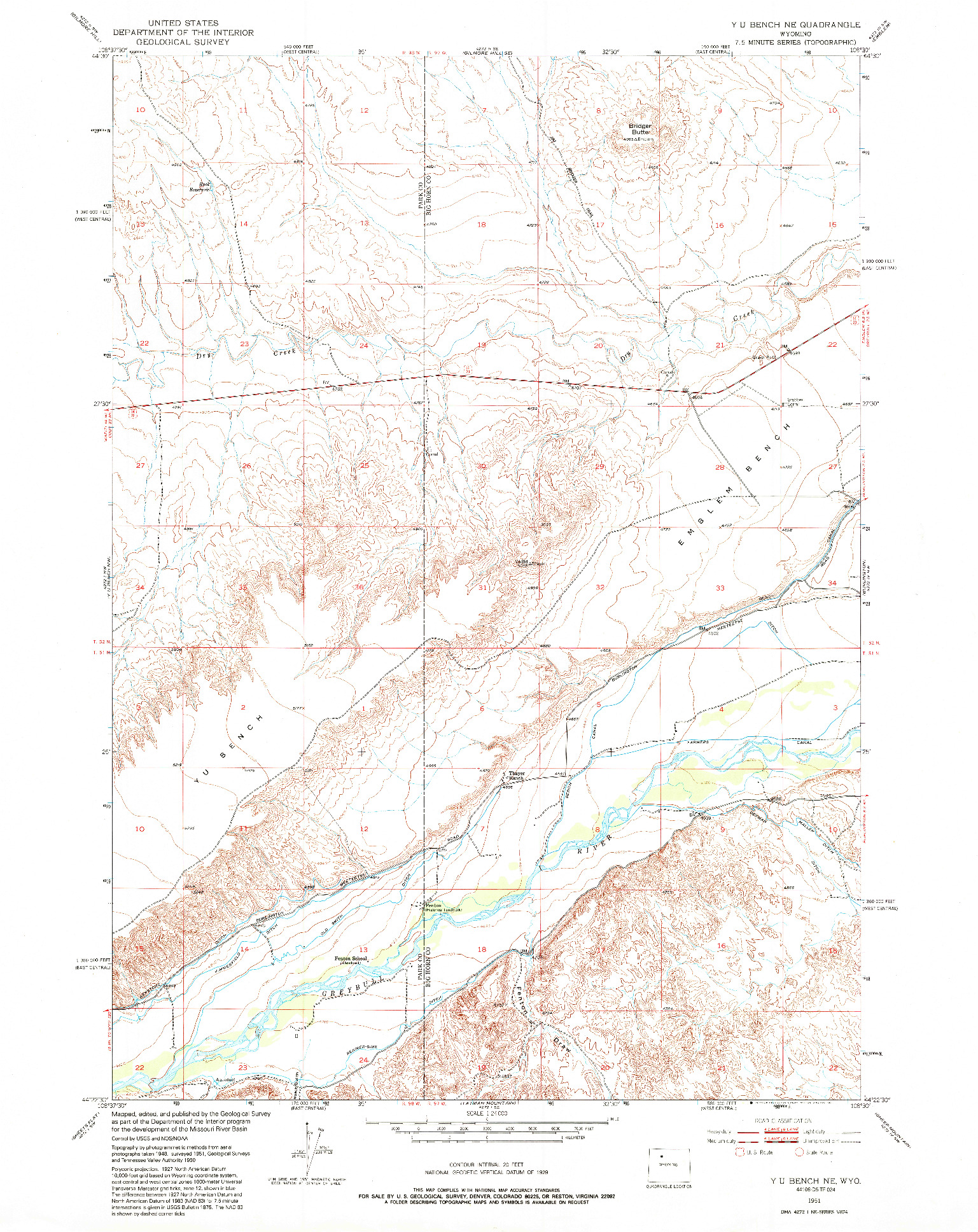 USGS 1:24000-SCALE QUADRANGLE FOR Y U BENCH NE, WY 1951