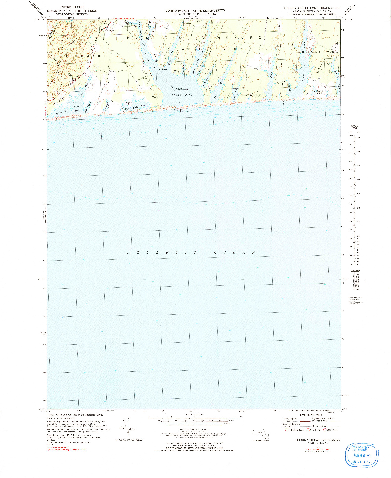 USGS 1:25000-SCALE QUADRANGLE FOR TISBURY GREAT POND, MA 1972