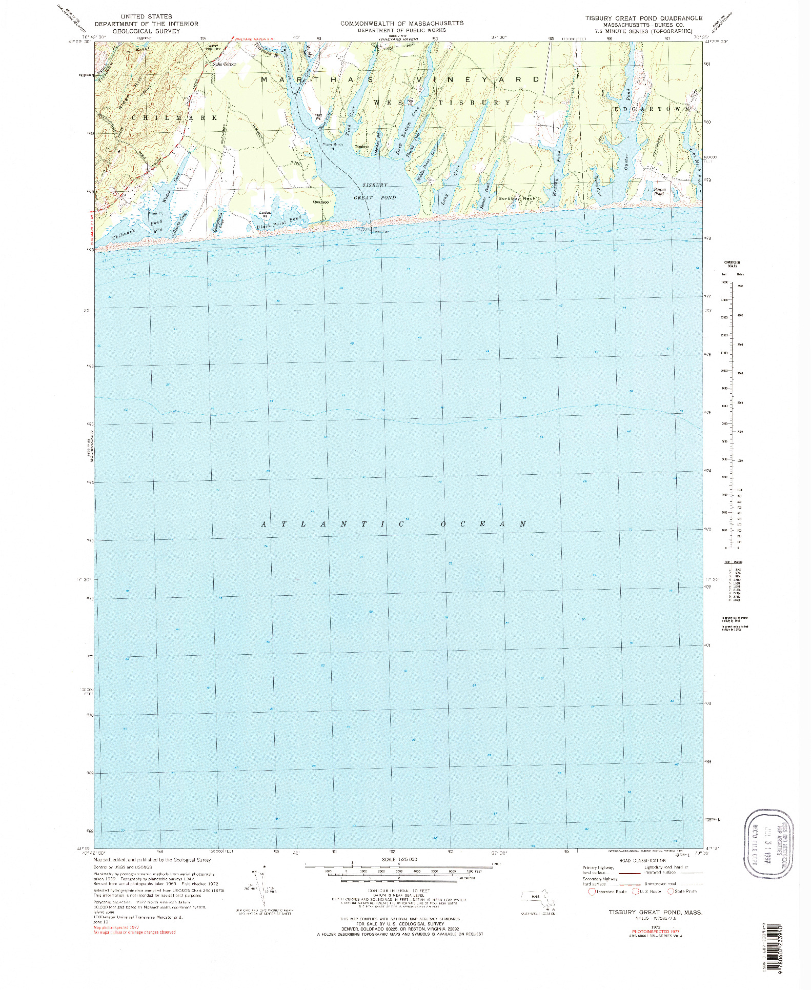 USGS 1:25000-SCALE QUADRANGLE FOR TISBURY GREAT POND, MA 1972