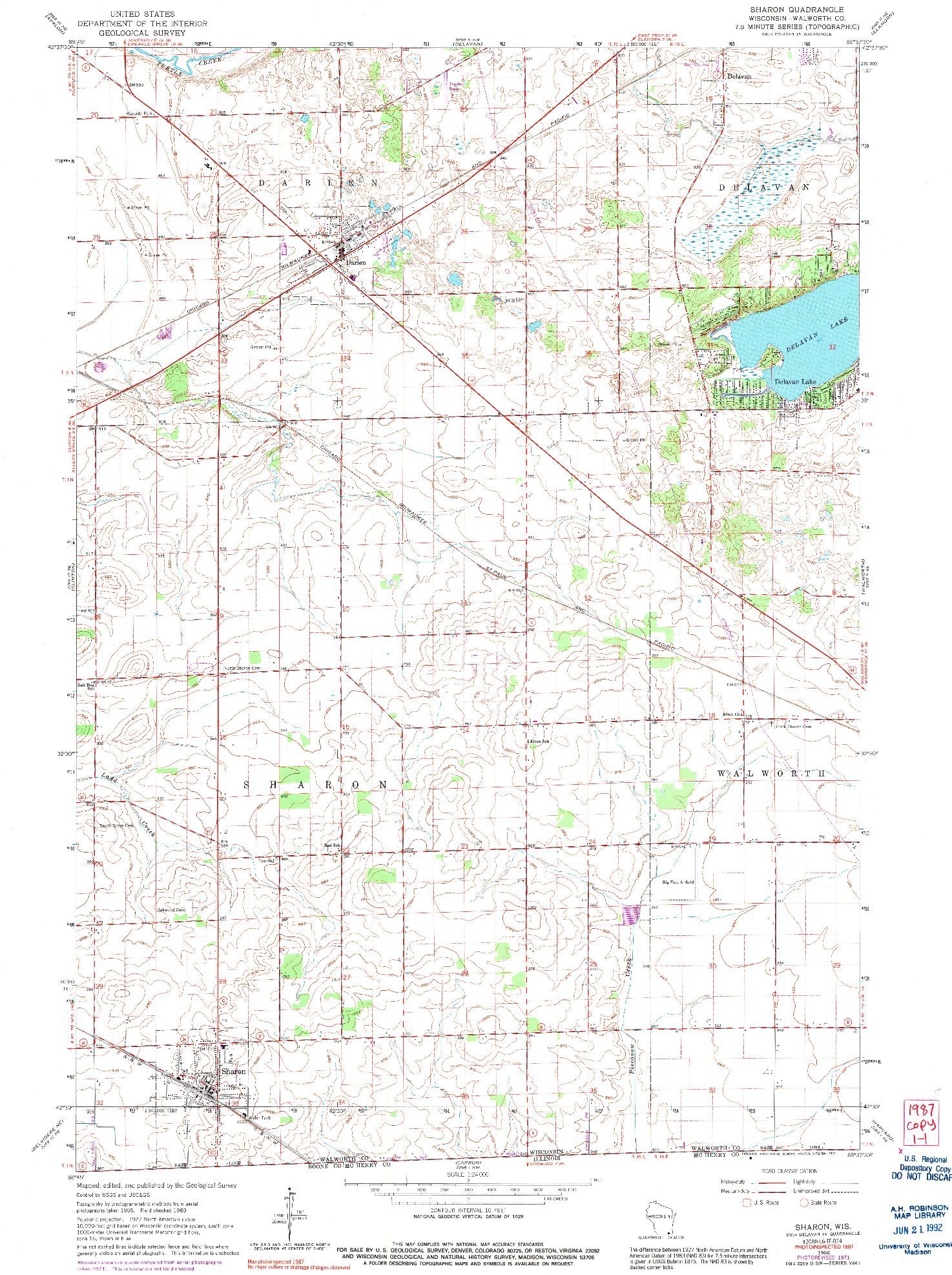 USGS 1:24000-SCALE QUADRANGLE FOR SHARON, WI 1960