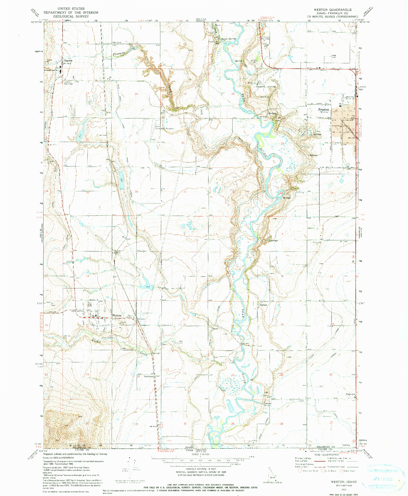 USGS 1:24000-SCALE QUADRANGLE FOR WESTON, ID 1969