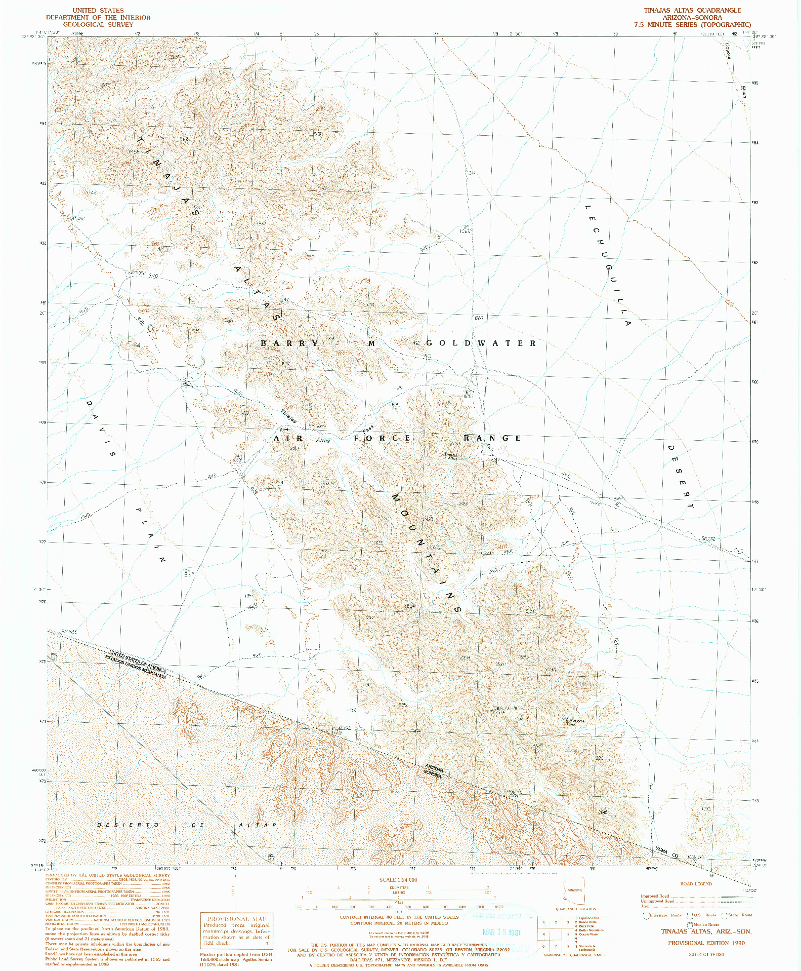 USGS 1:24000-SCALE QUADRANGLE FOR TINAJAS ALTAS, AZ 1990