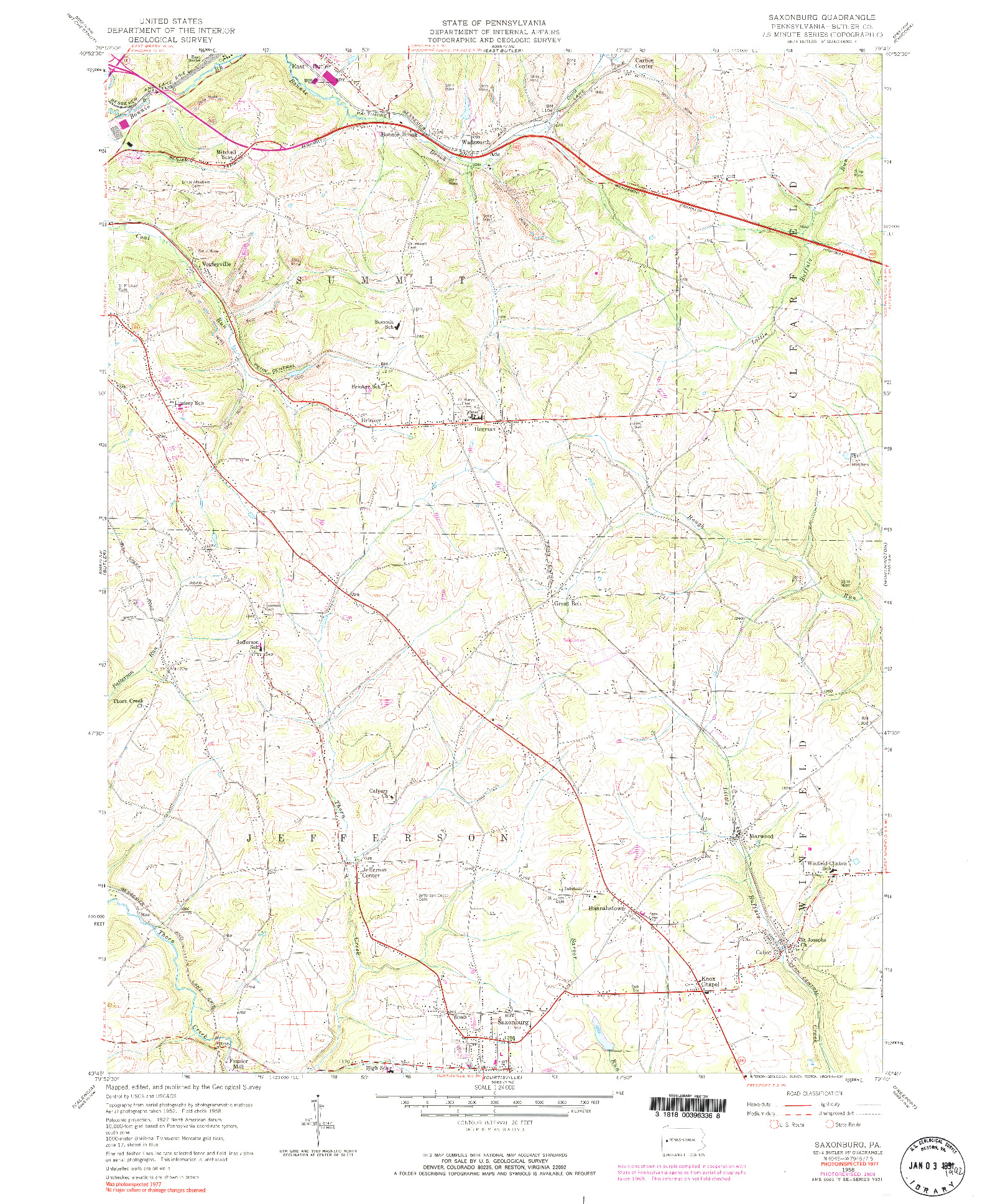 USGS 1:24000-SCALE QUADRANGLE FOR SAXONBURG, PA 1958