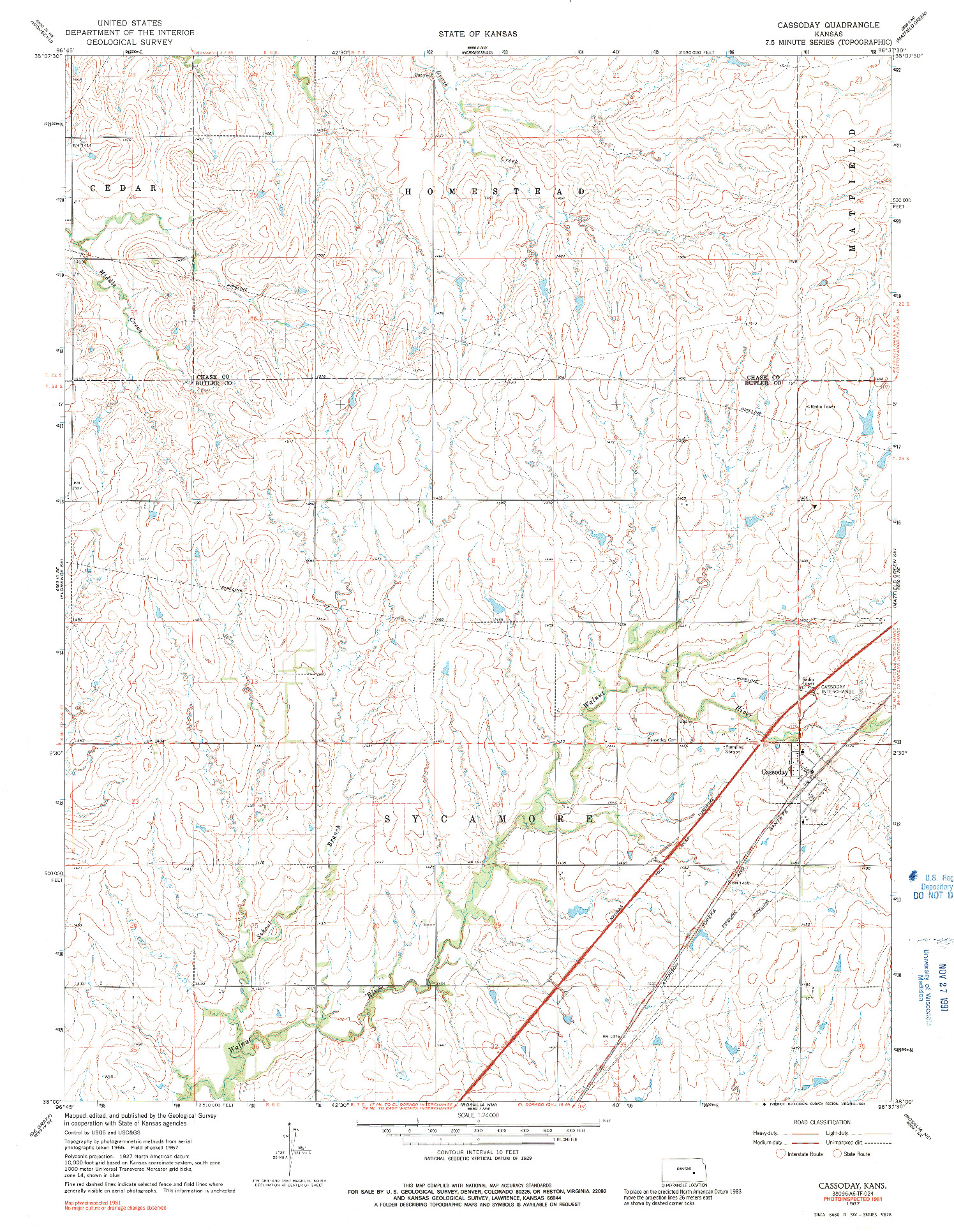 USGS 1:24000-SCALE QUADRANGLE FOR CASSODAY, KS 1967