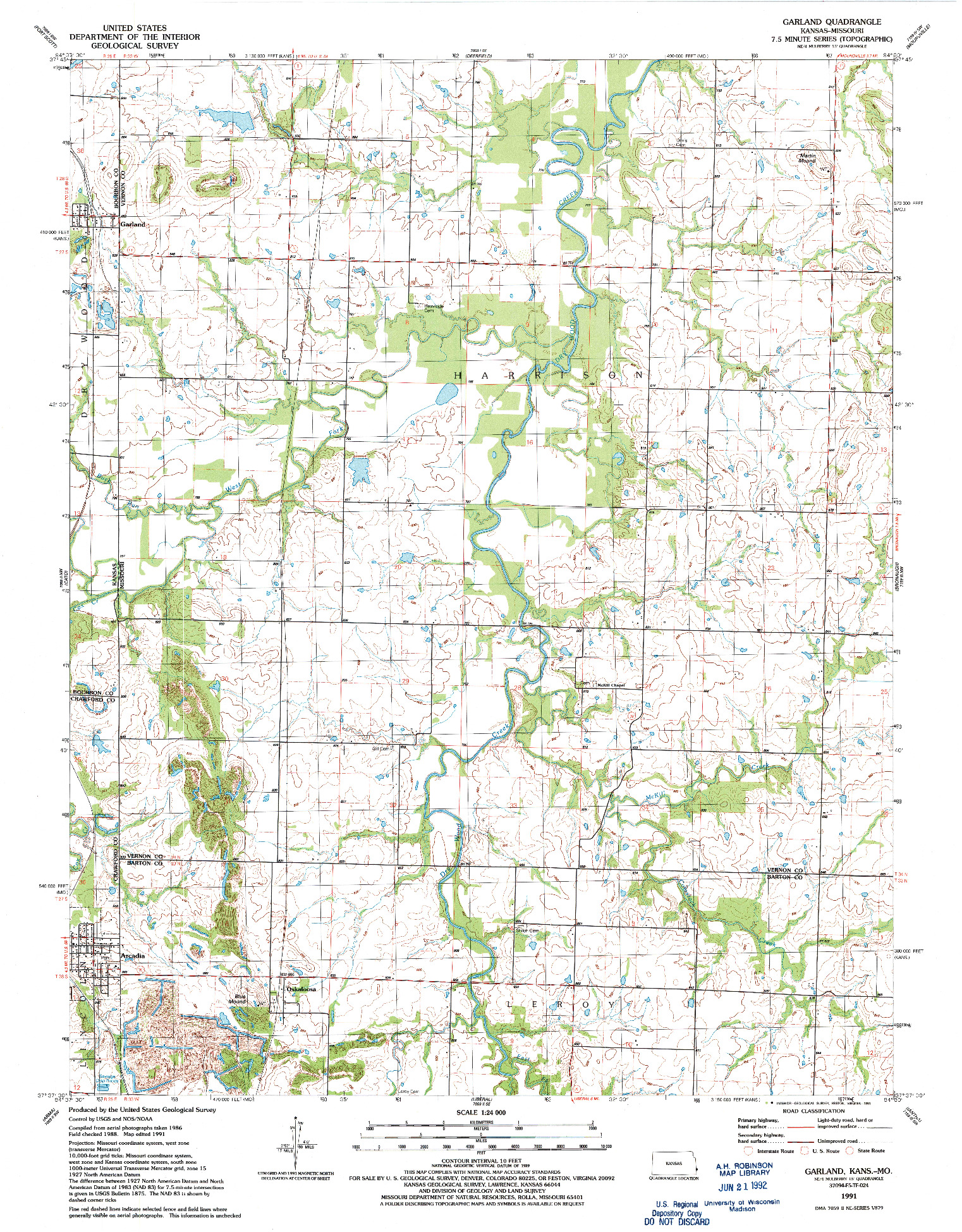 USGS 1:24000-SCALE QUADRANGLE FOR GARLAND, KS 1991