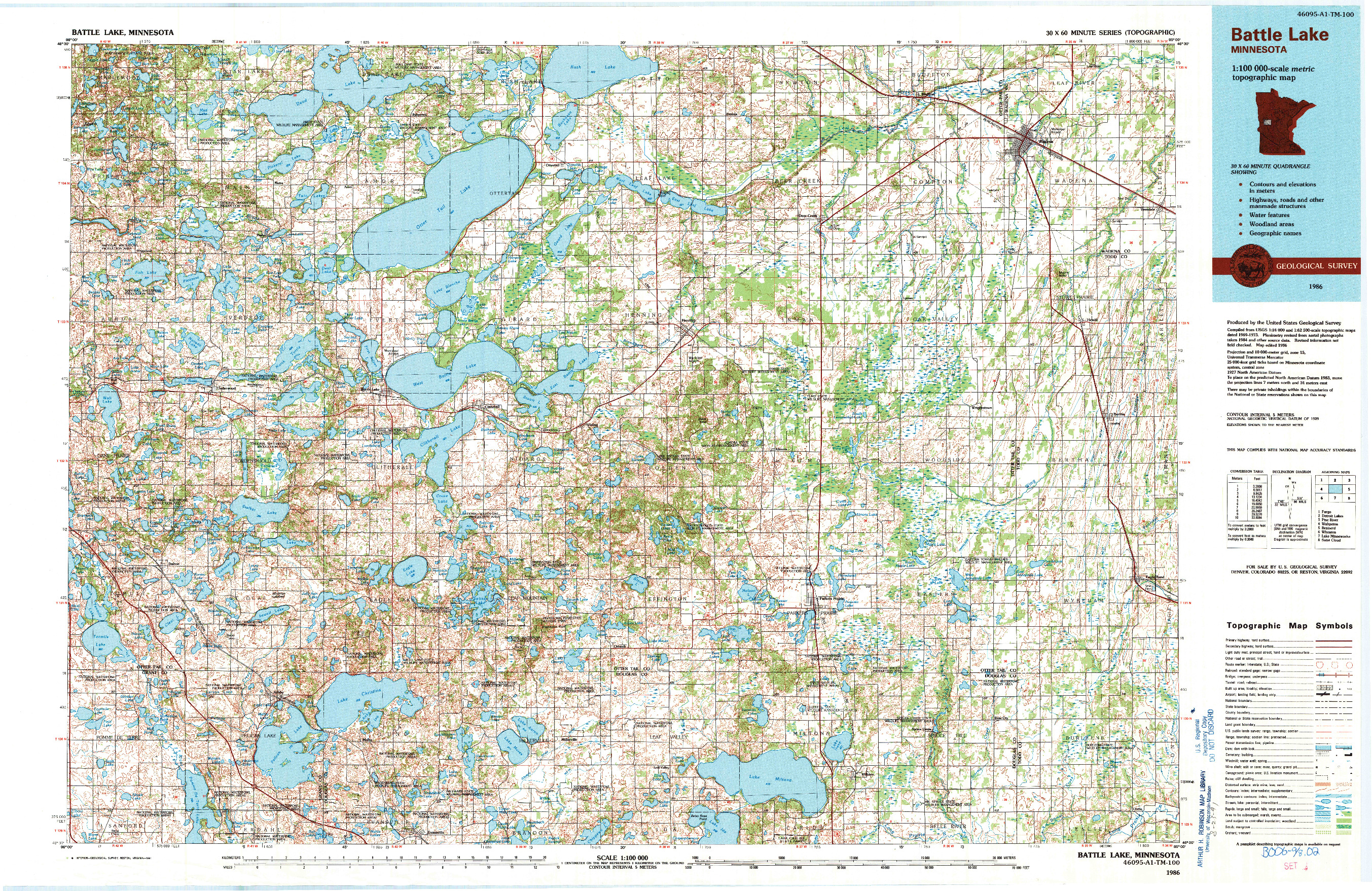 USGS 1:100000-SCALE QUADRANGLE FOR BATTLE LAKE, MN 1986