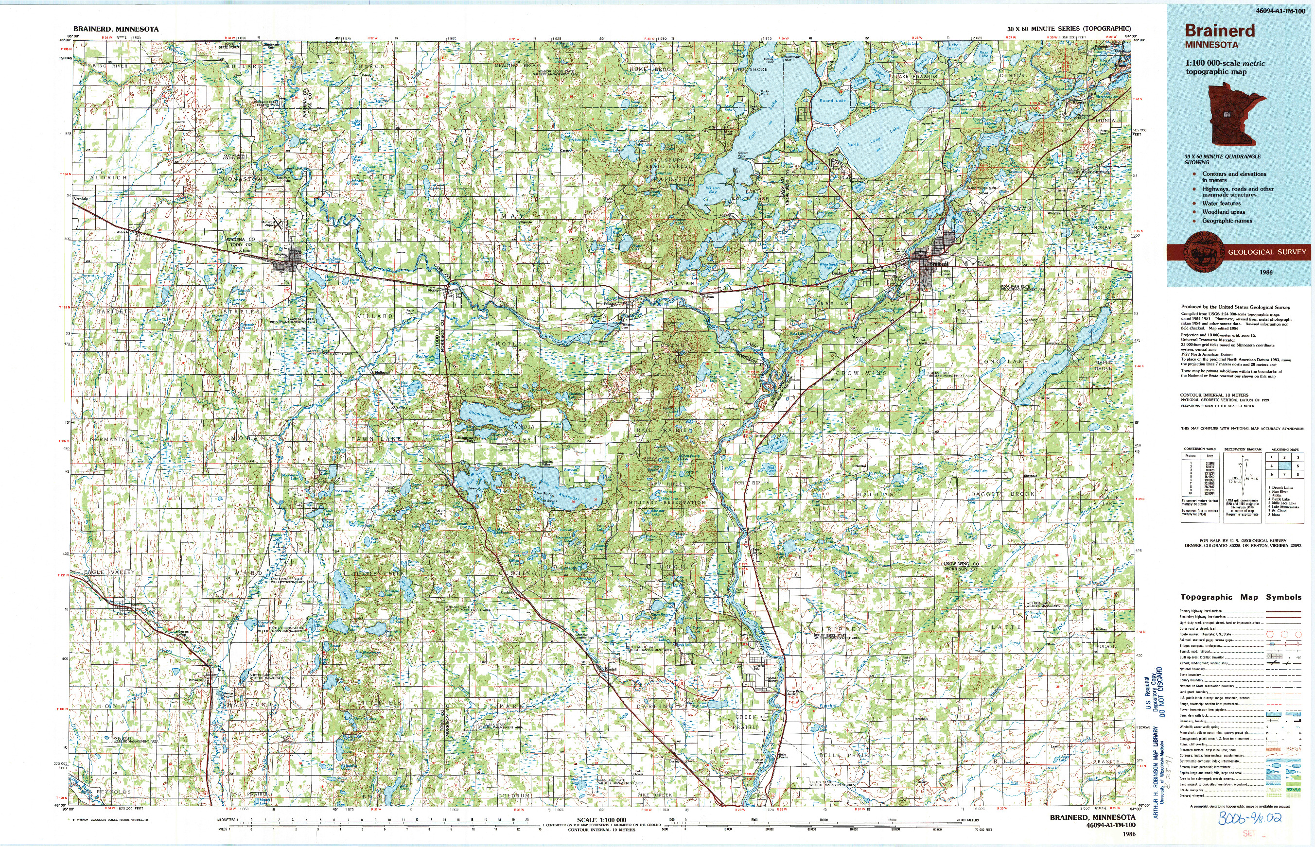 USGS 1:100000-SCALE QUADRANGLE FOR BRAINERD, MN 1986