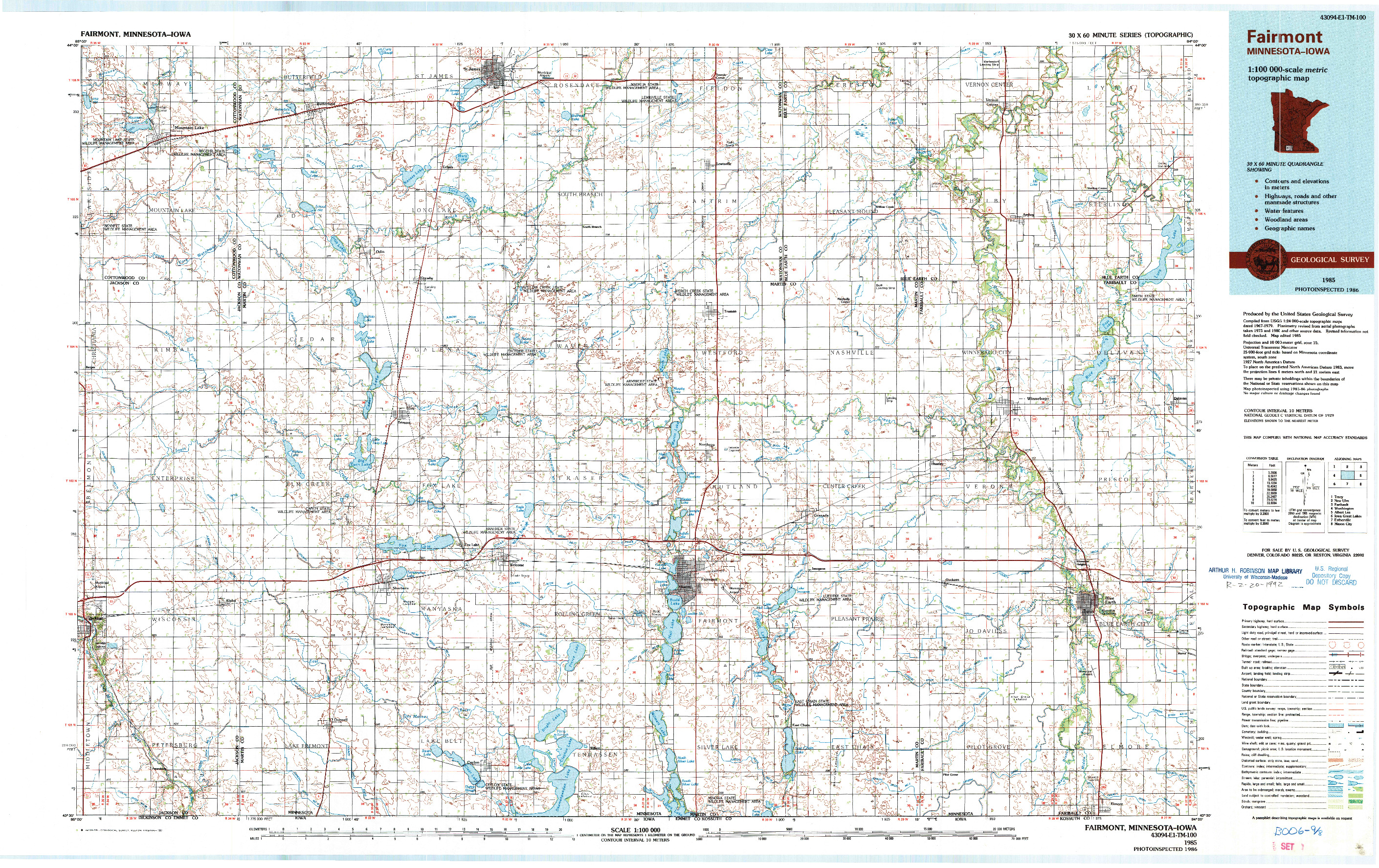USGS 1:100000-SCALE QUADRANGLE FOR FAIRMONT, MN 1985