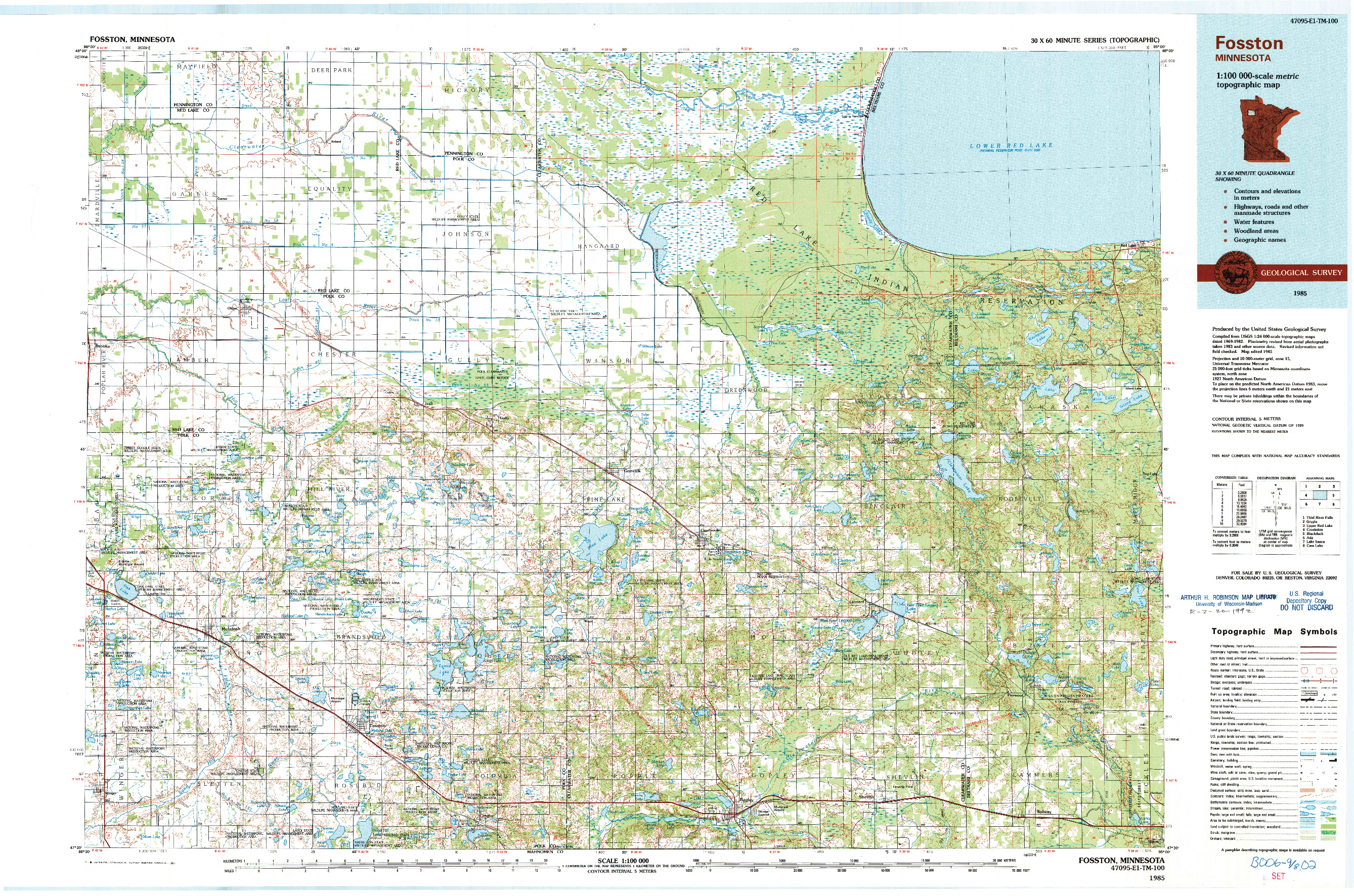 USGS 1:100000-SCALE QUADRANGLE FOR FOSSTON, MN 1985