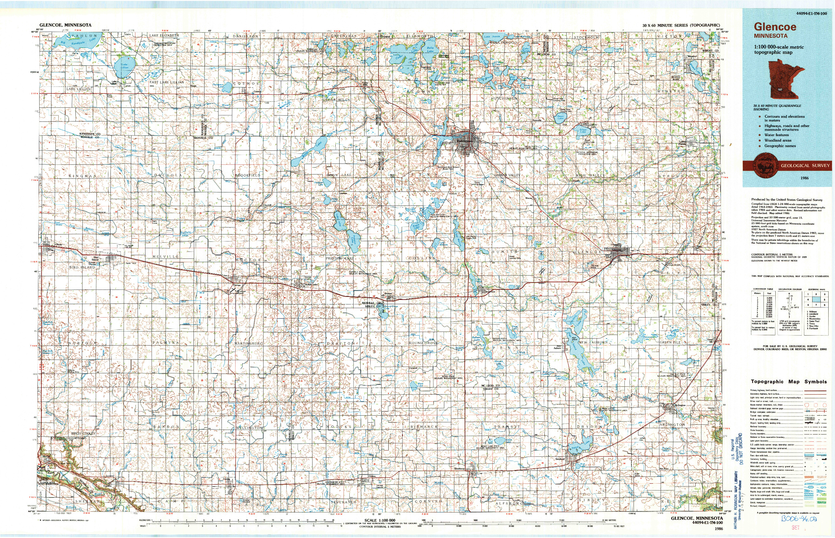 USGS 1:100000-SCALE QUADRANGLE FOR GLENCOE, MN 1986