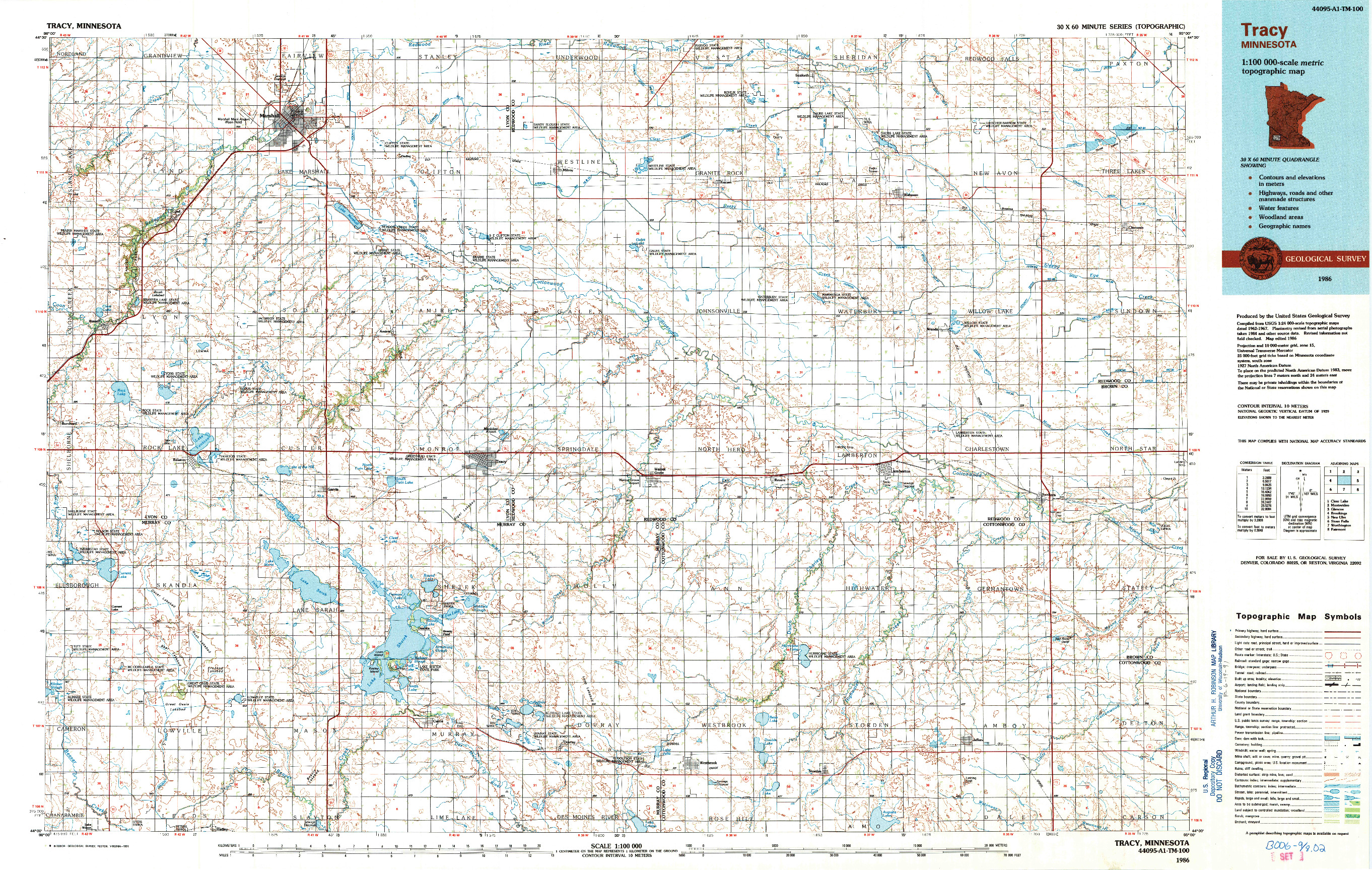 USGS 1:100000-SCALE QUADRANGLE FOR TRACY, MN 1986