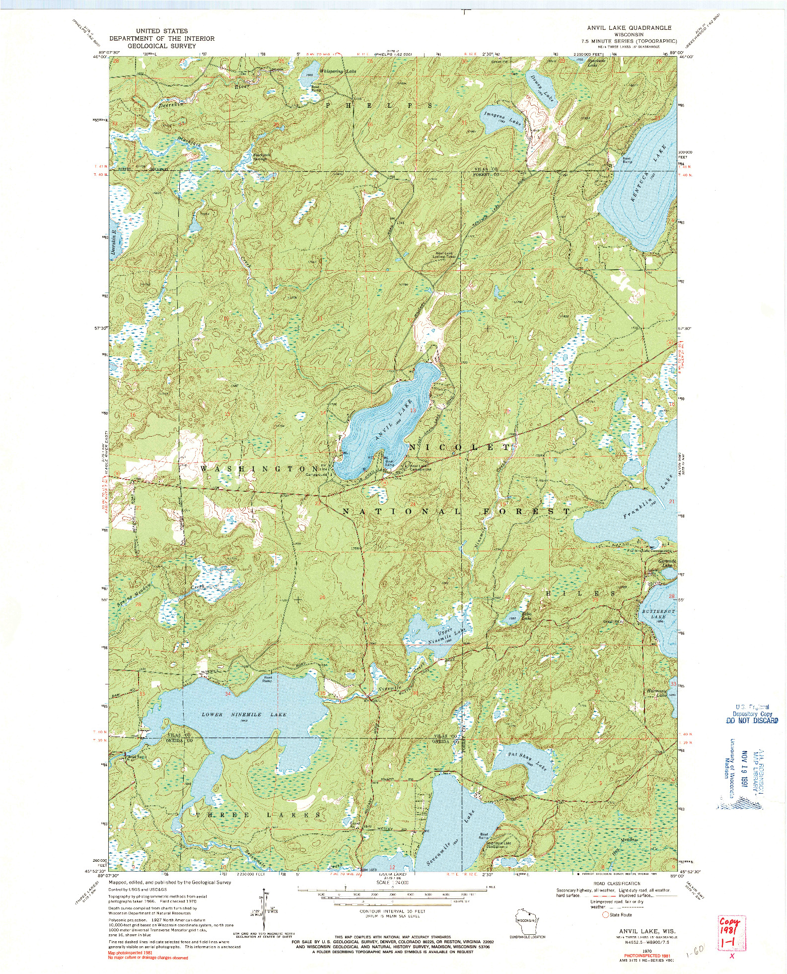 USGS 1:24000-SCALE QUADRANGLE FOR ANVIL LAKE, WI 1970