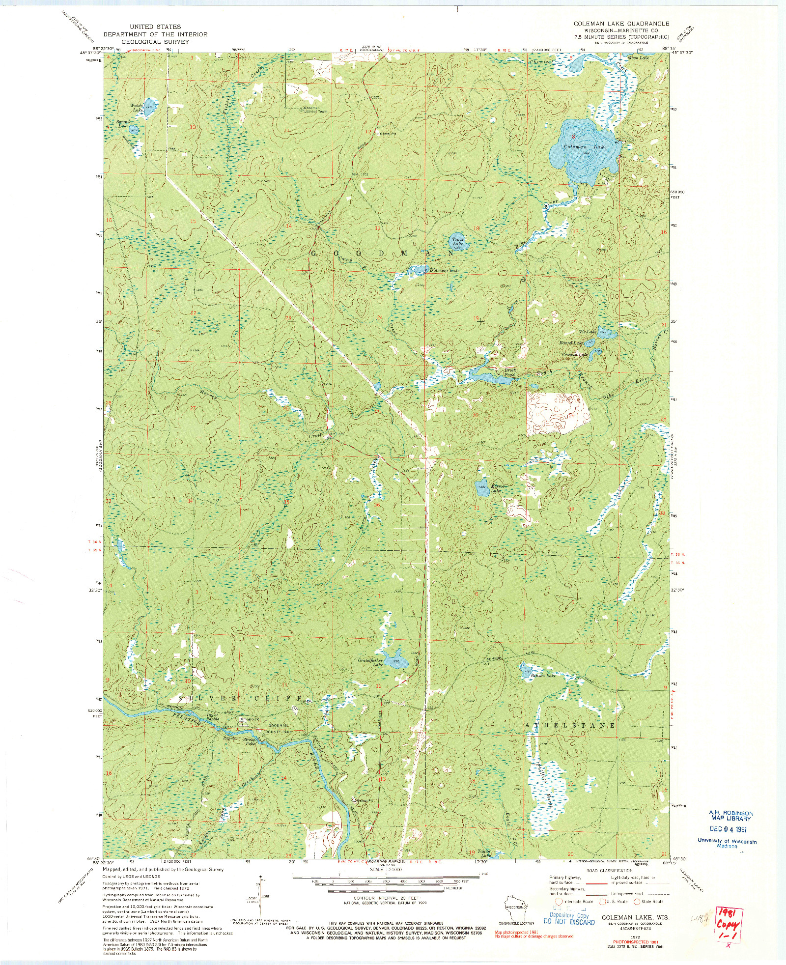 USGS 1:24000-SCALE QUADRANGLE FOR COLEMAN LAKE, WI 1972