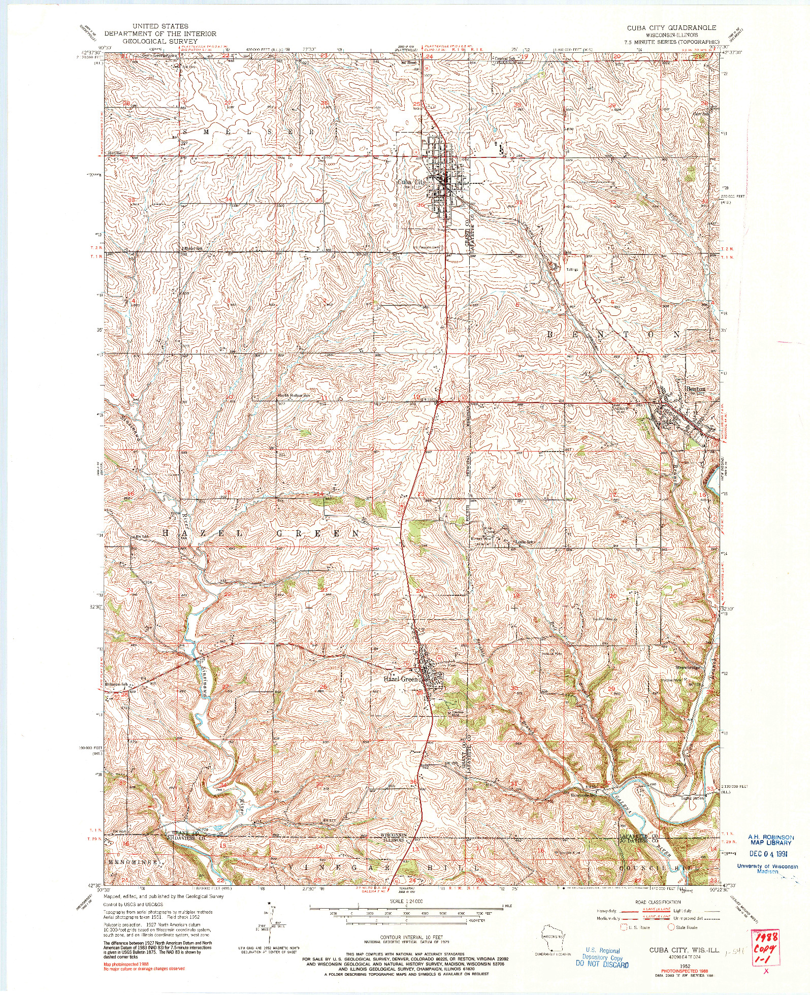 USGS 1:24000-SCALE QUADRANGLE FOR CUBA CITY, WI 1952