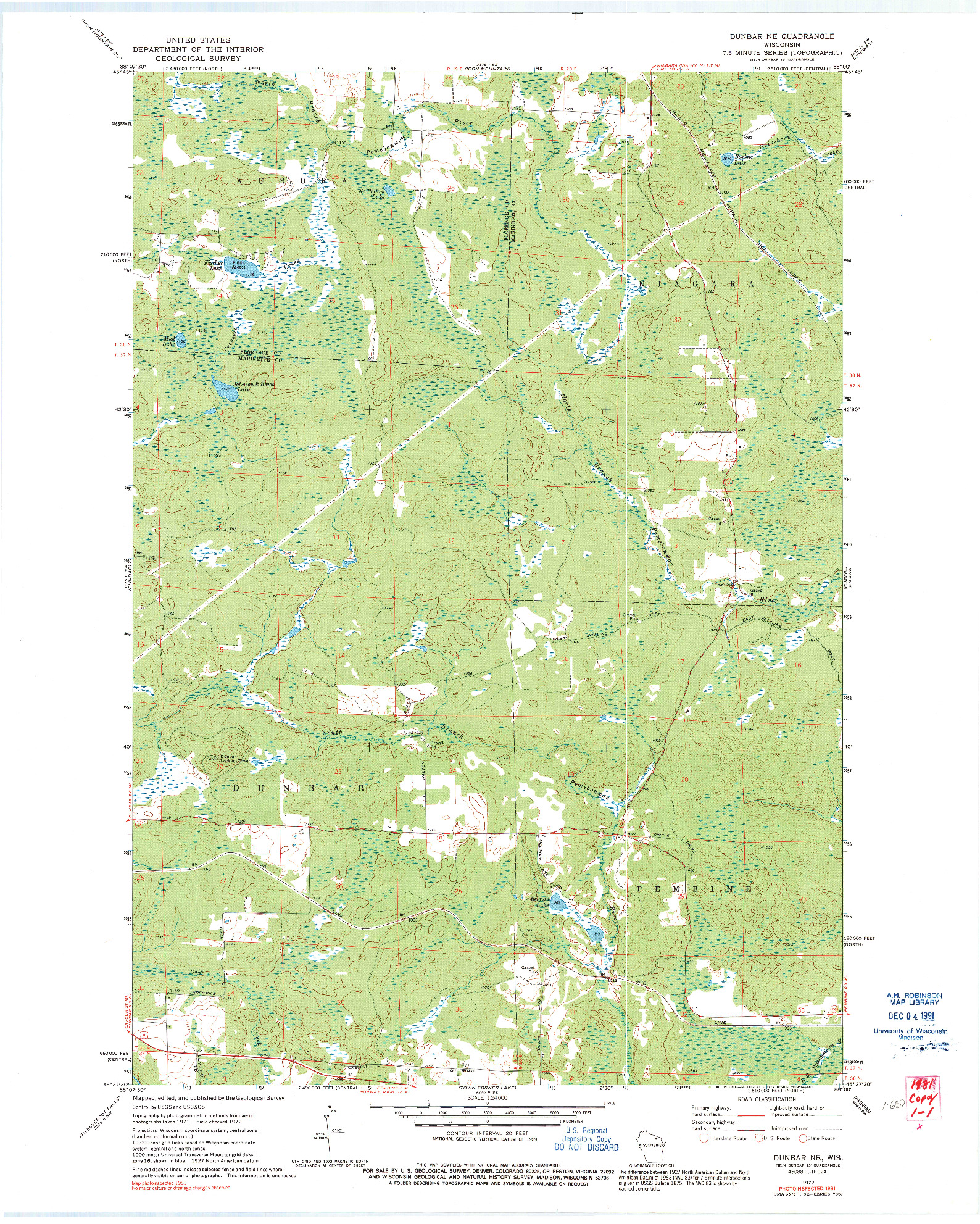 USGS 1:24000-SCALE QUADRANGLE FOR DUNBAR NE, WI 1972