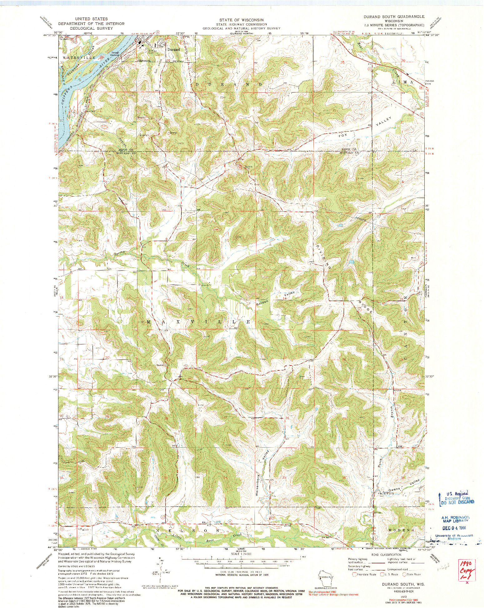 USGS 1:24000-SCALE QUADRANGLE FOR DURAND SOUTH, WI 1972