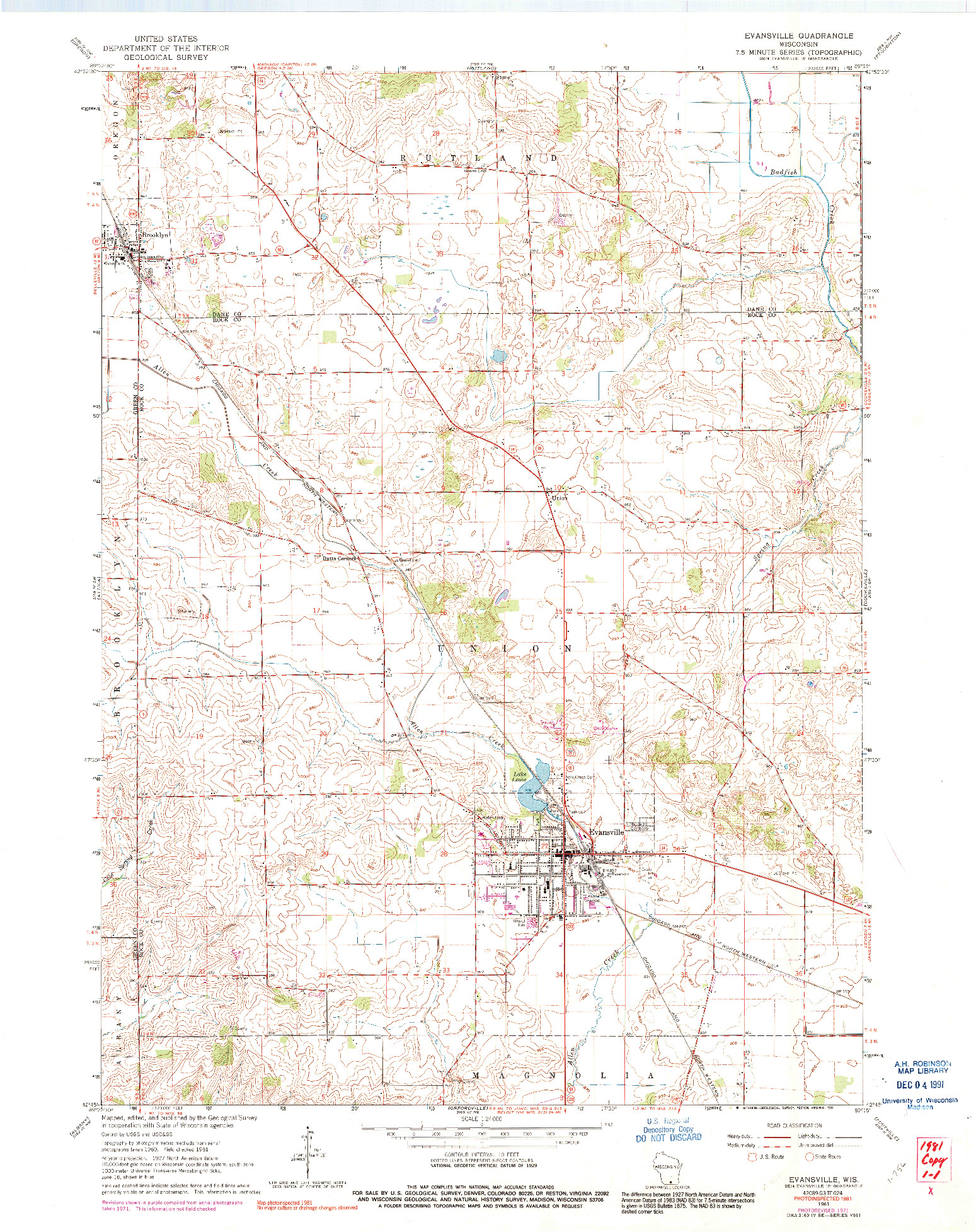 USGS 1:24000-SCALE QUADRANGLE FOR EVANSVILLE, WI 1961