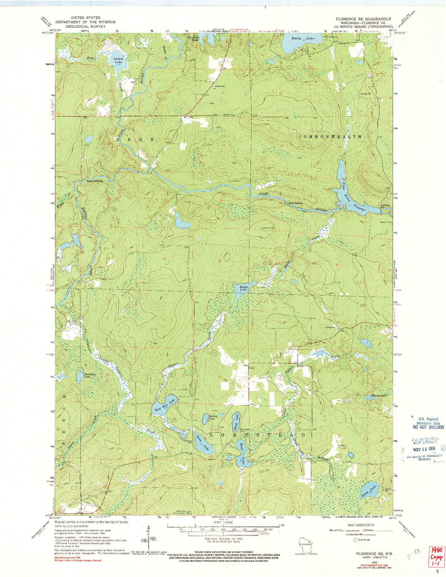 USGS 1:24000-SCALE QUADRANGLE FOR FLORENCE SE, WI 1962