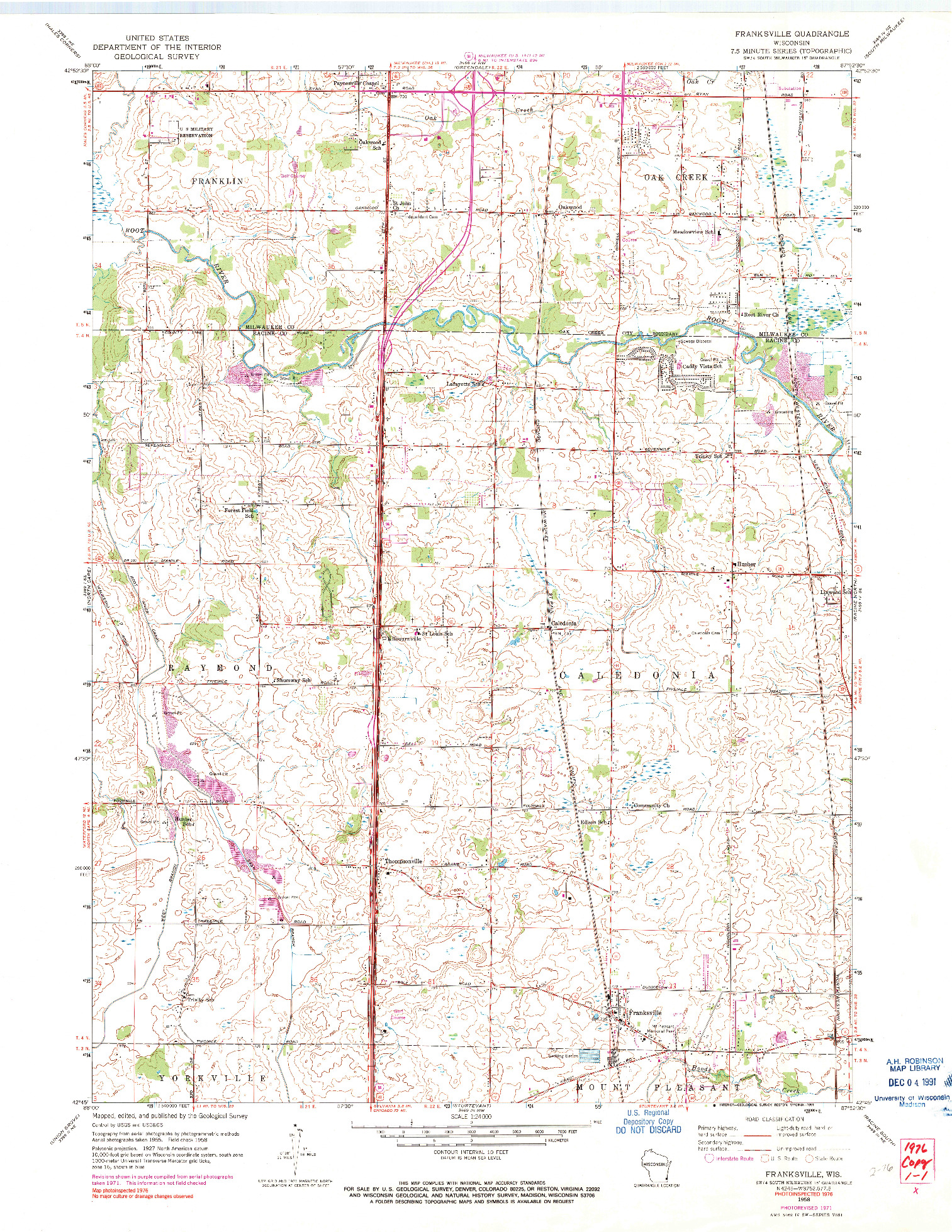 USGS 1:24000-SCALE QUADRANGLE FOR FRANKSVILLE, WI 1958