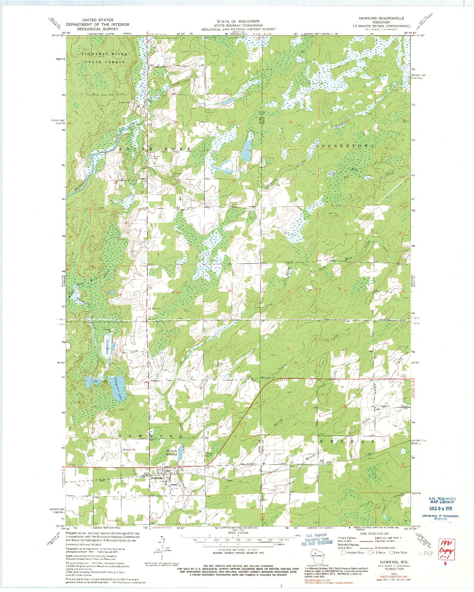 USGS 1:24000-SCALE QUADRANGLE FOR HAWKINS, WI 1971