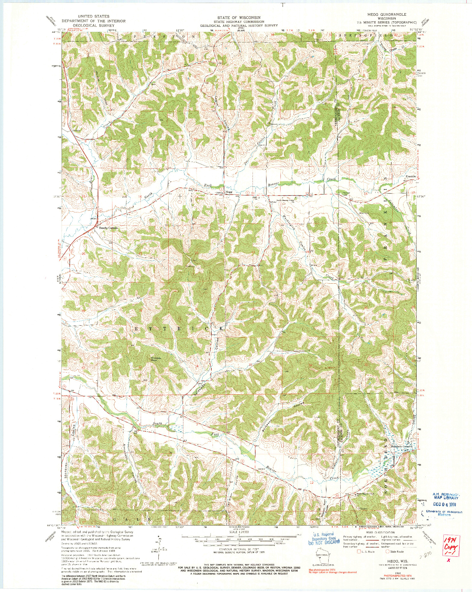 USGS 1:24000-SCALE QUADRANGLE FOR HEGG, WI 1969