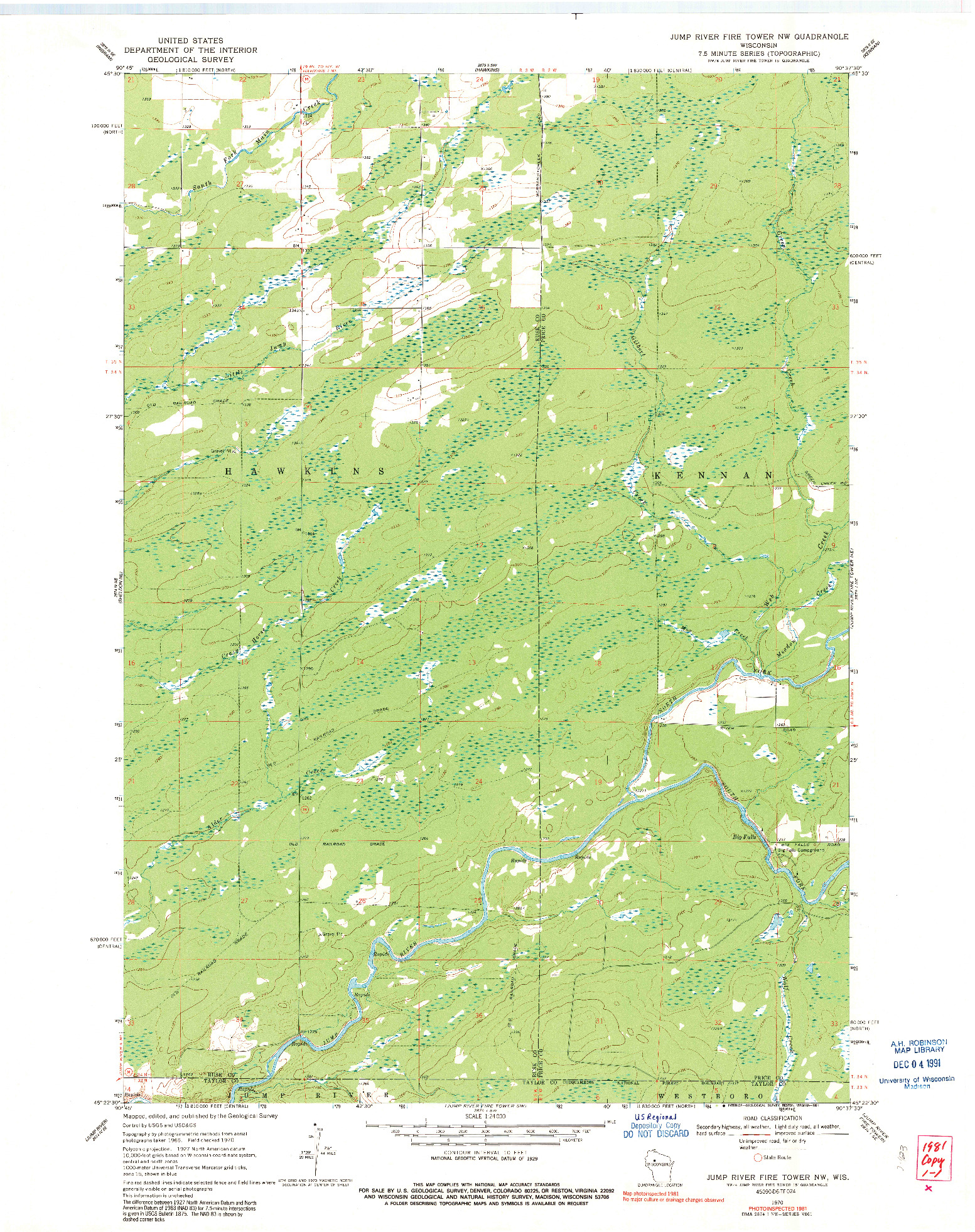 USGS 1:24000-SCALE QUADRANGLE FOR JUMP RIVER FIRE TOWER NW, WI 1970