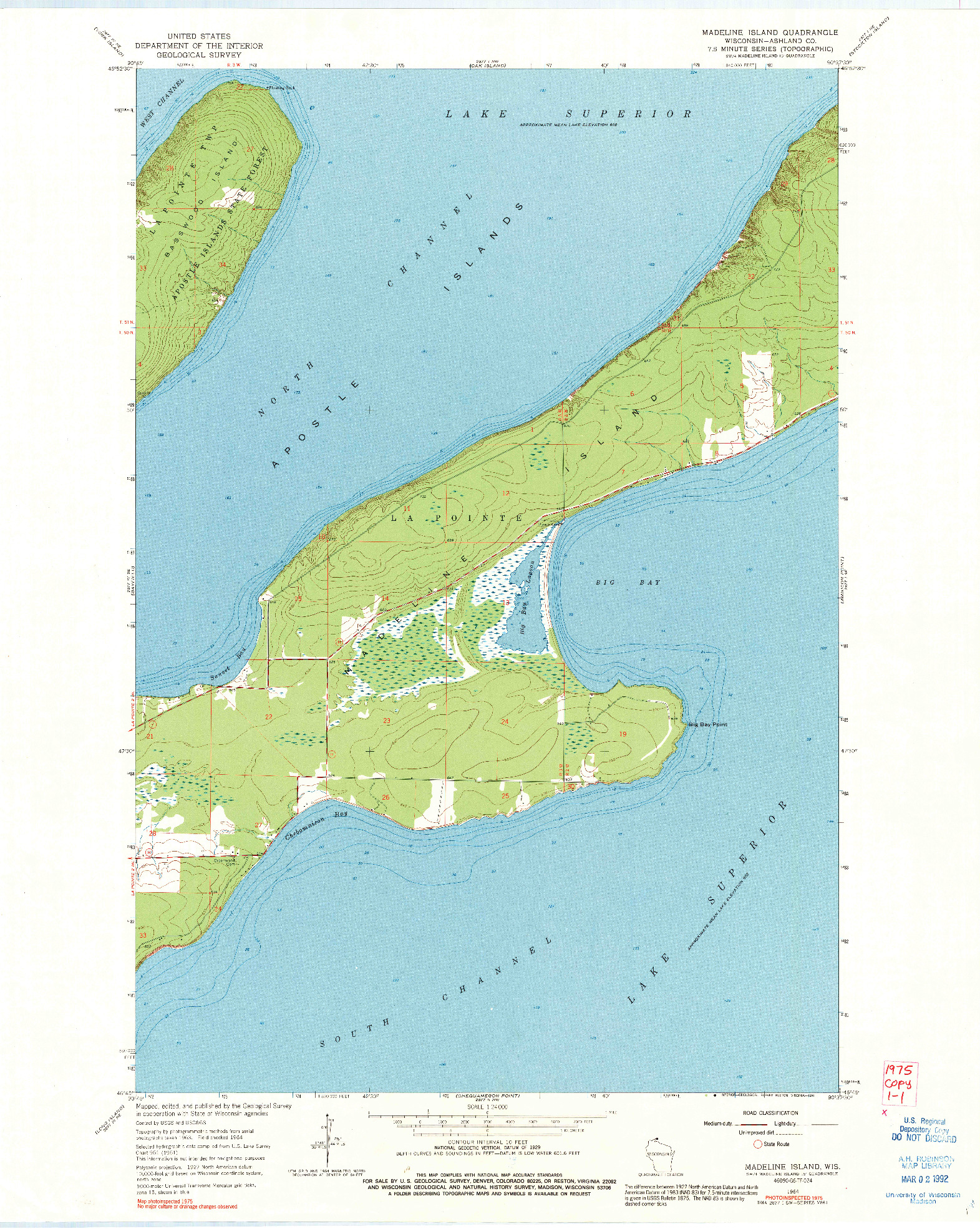 USGS 1:24000-SCALE QUADRANGLE FOR MADELINE ISLAND, WI 1964