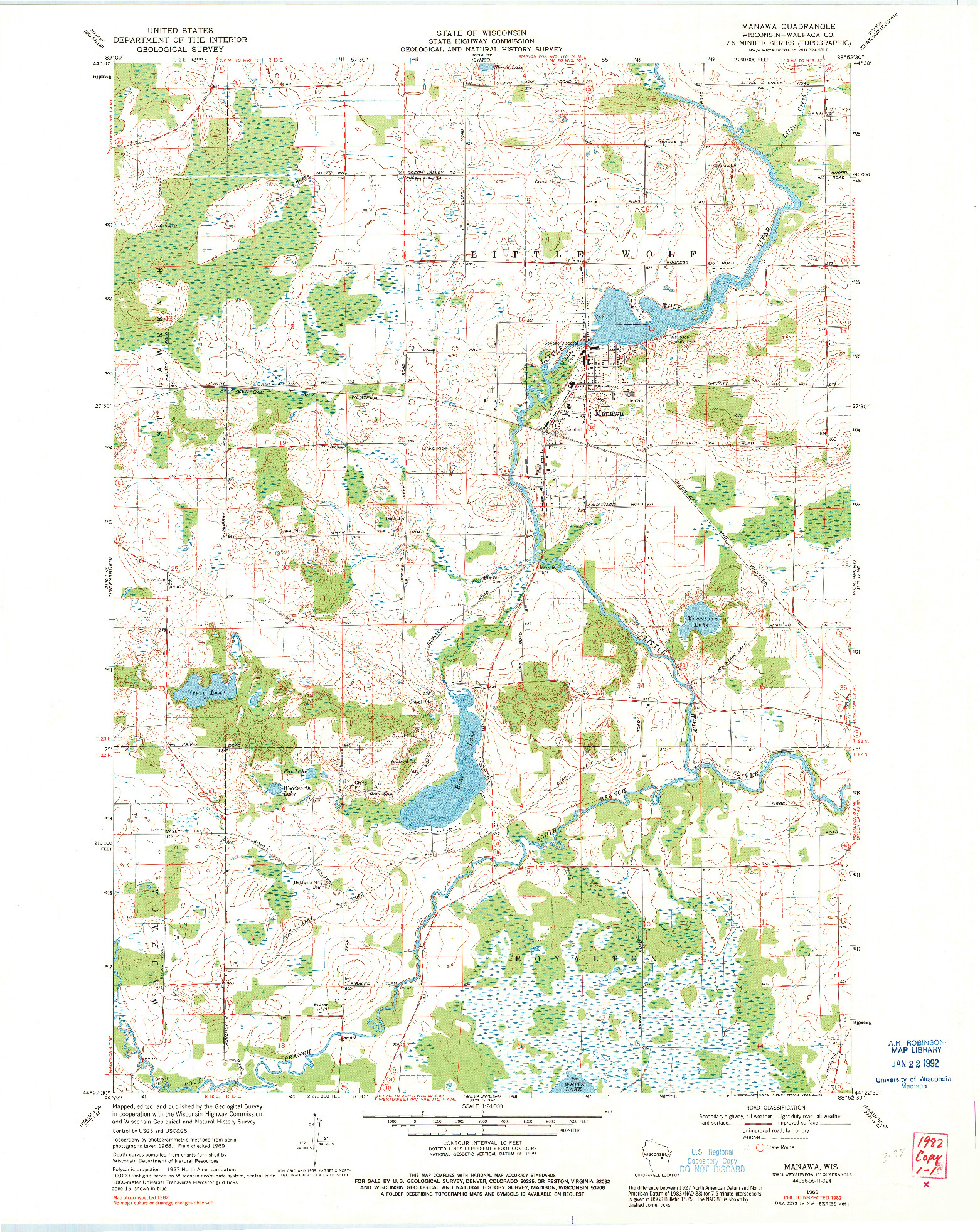 USGS 1:24000-SCALE QUADRANGLE FOR MANAWA, WI 1969