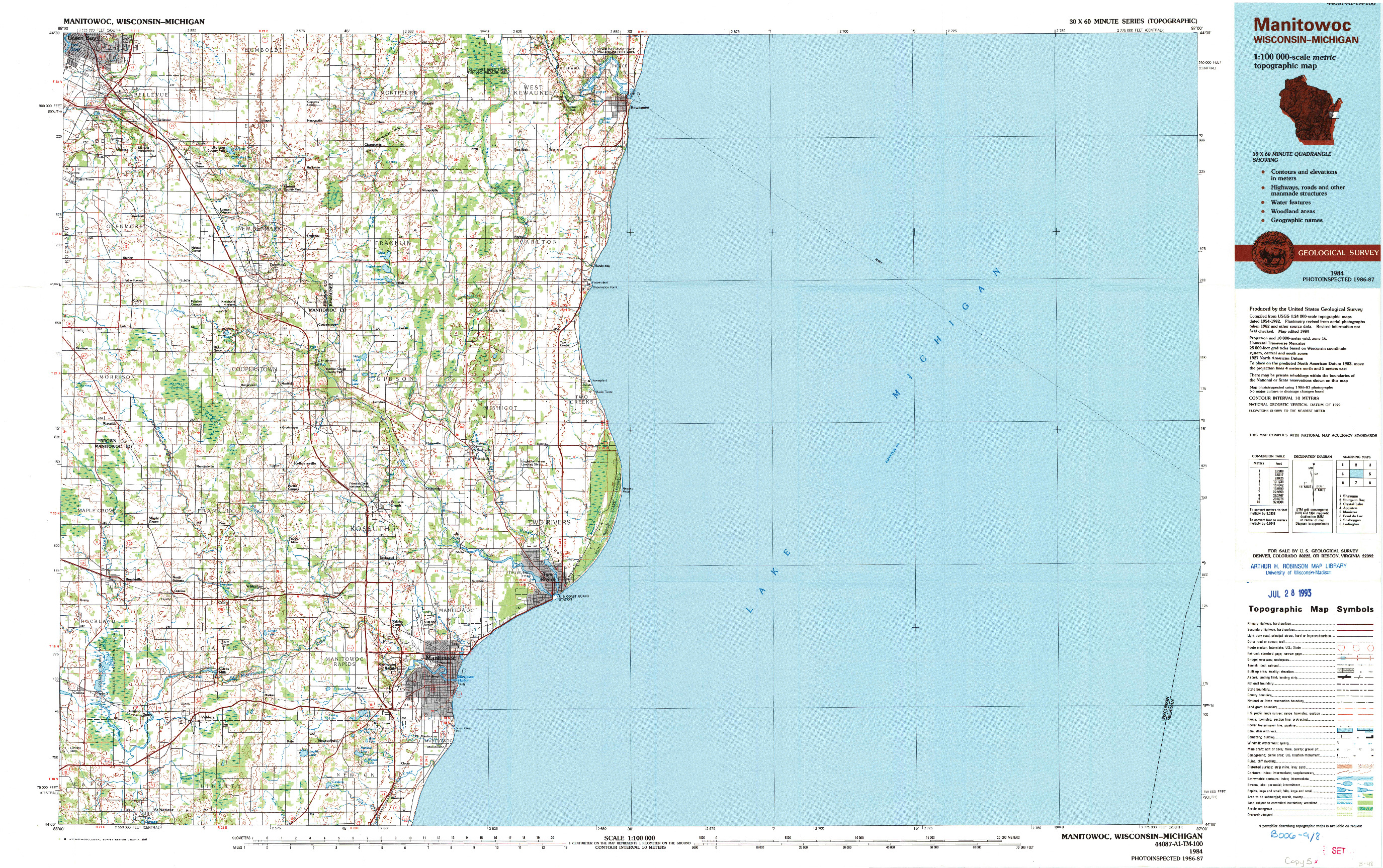 USGS 1:100000-SCALE QUADRANGLE FOR MANITOWOC, WI 1984