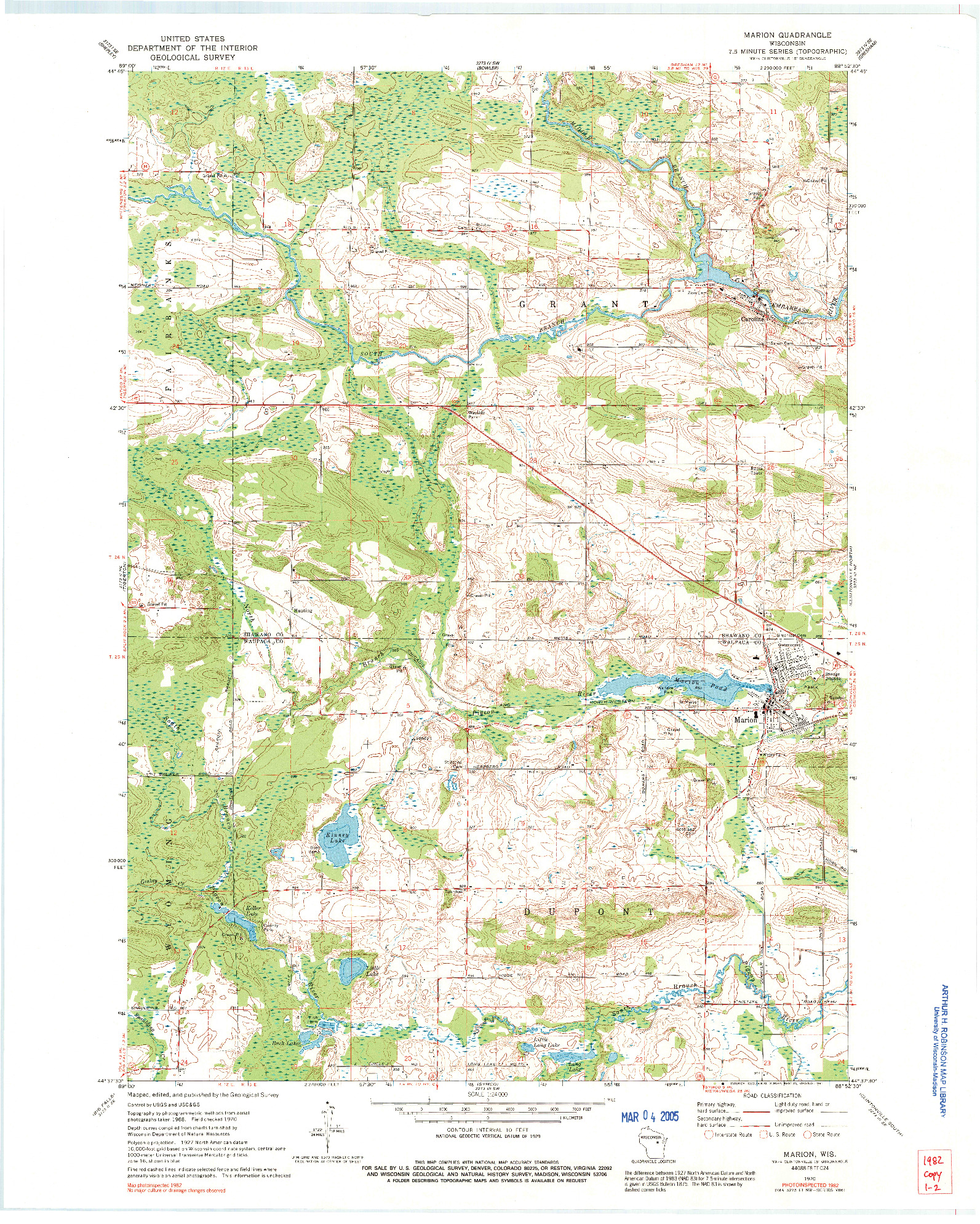 USGS 1:24000-SCALE QUADRANGLE FOR MARION, WI 1970