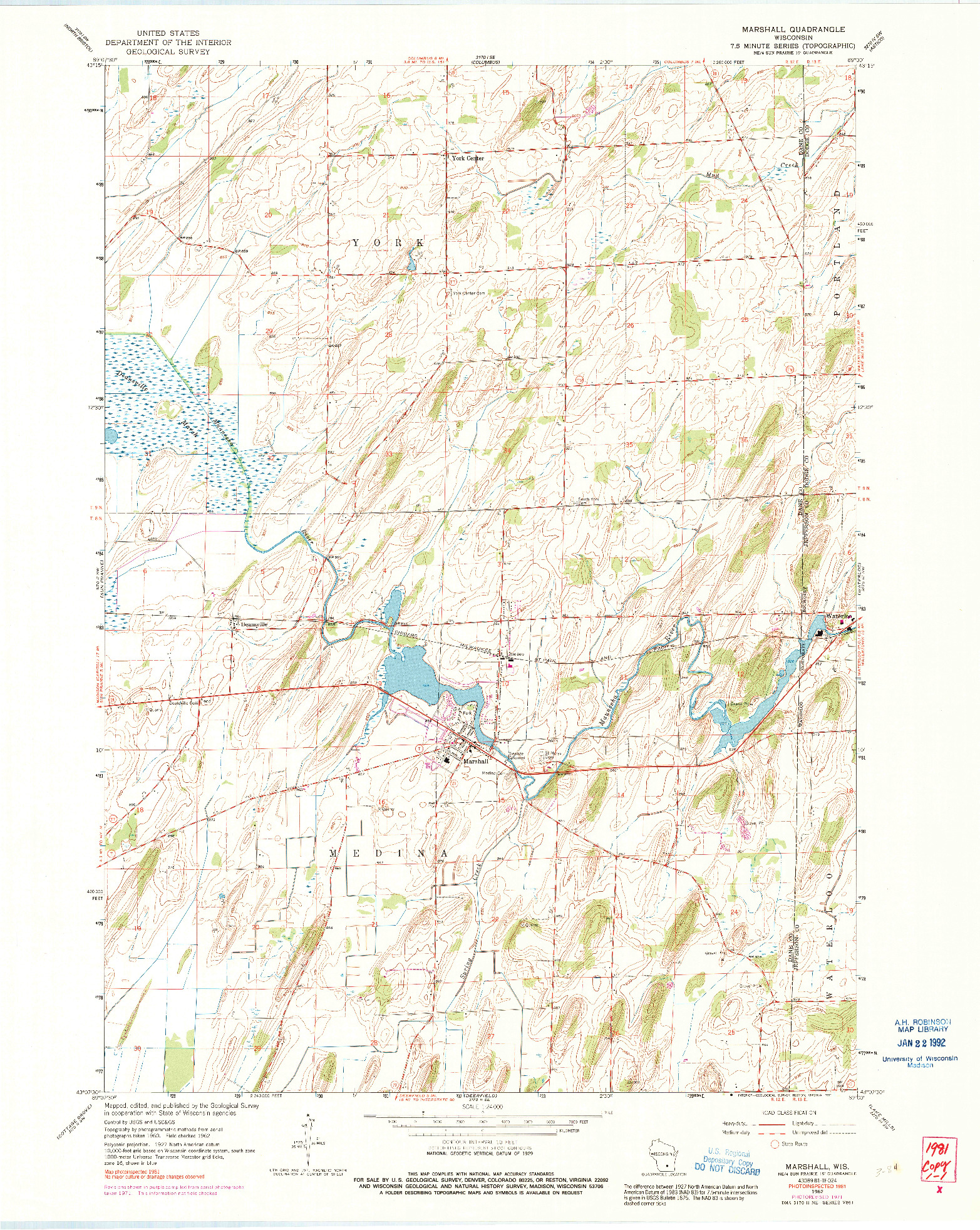 USGS 1:24000-SCALE QUADRANGLE FOR MARSHALL, WI 1962