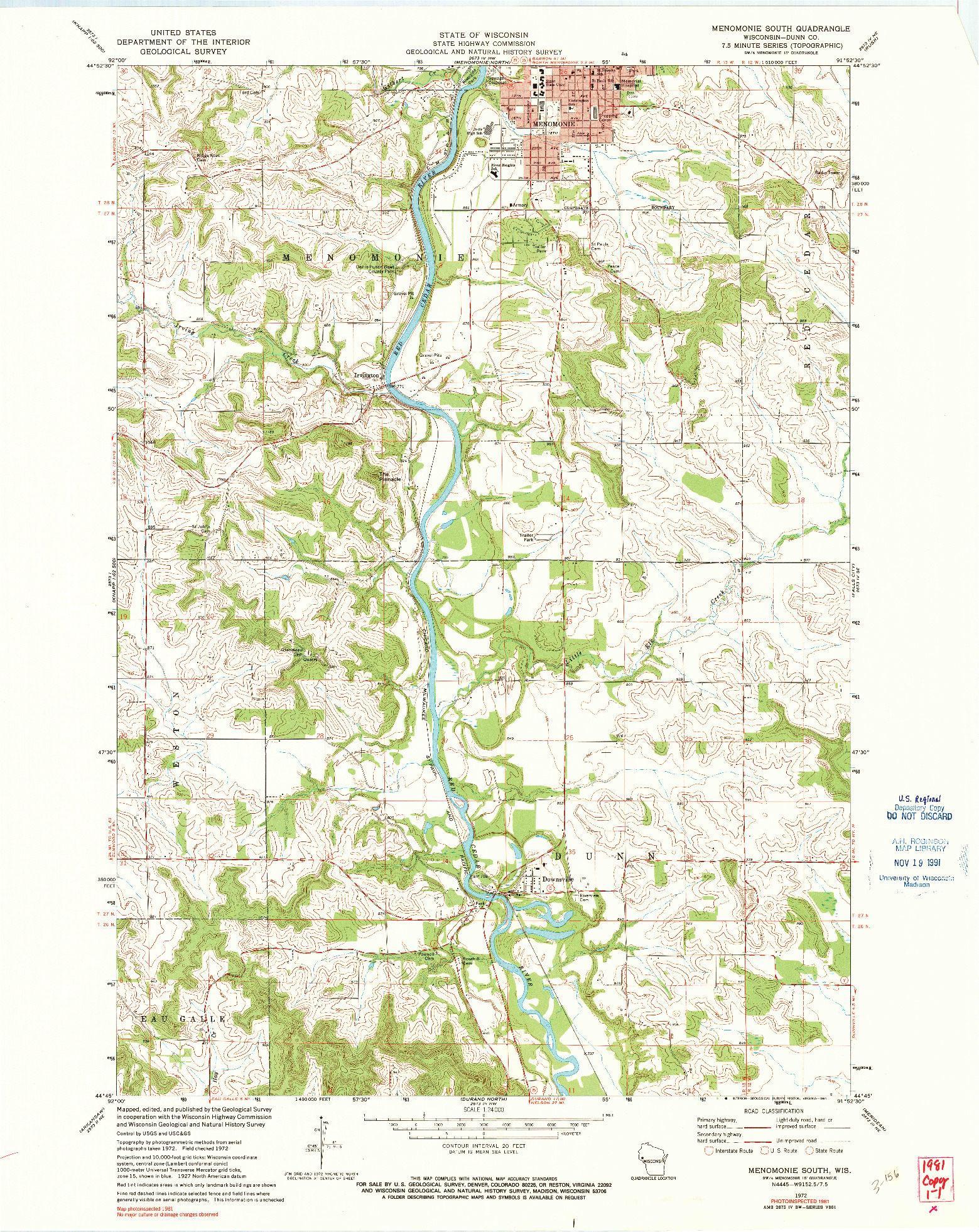 USGS 1:24000-SCALE QUADRANGLE FOR MENOMONIE SOUTH, WI 1972